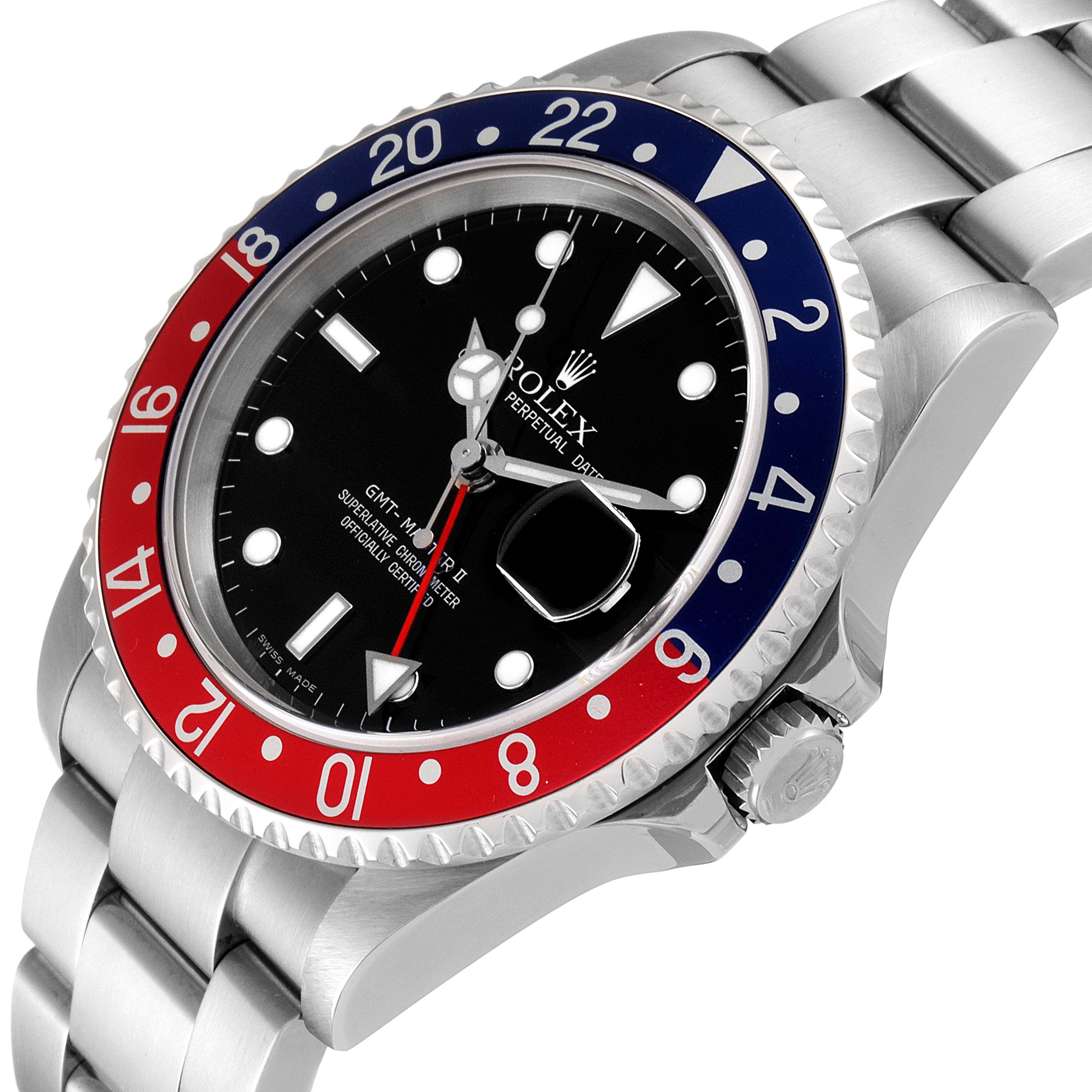 The image shows a close-up view of a Rolex GMT-Master 16710 Men
s Stainless Steel Black Dial 16710 Men
s Stainless Steel Black Dial II watch, highlighting its bezel, dial, and part of the bracelet.