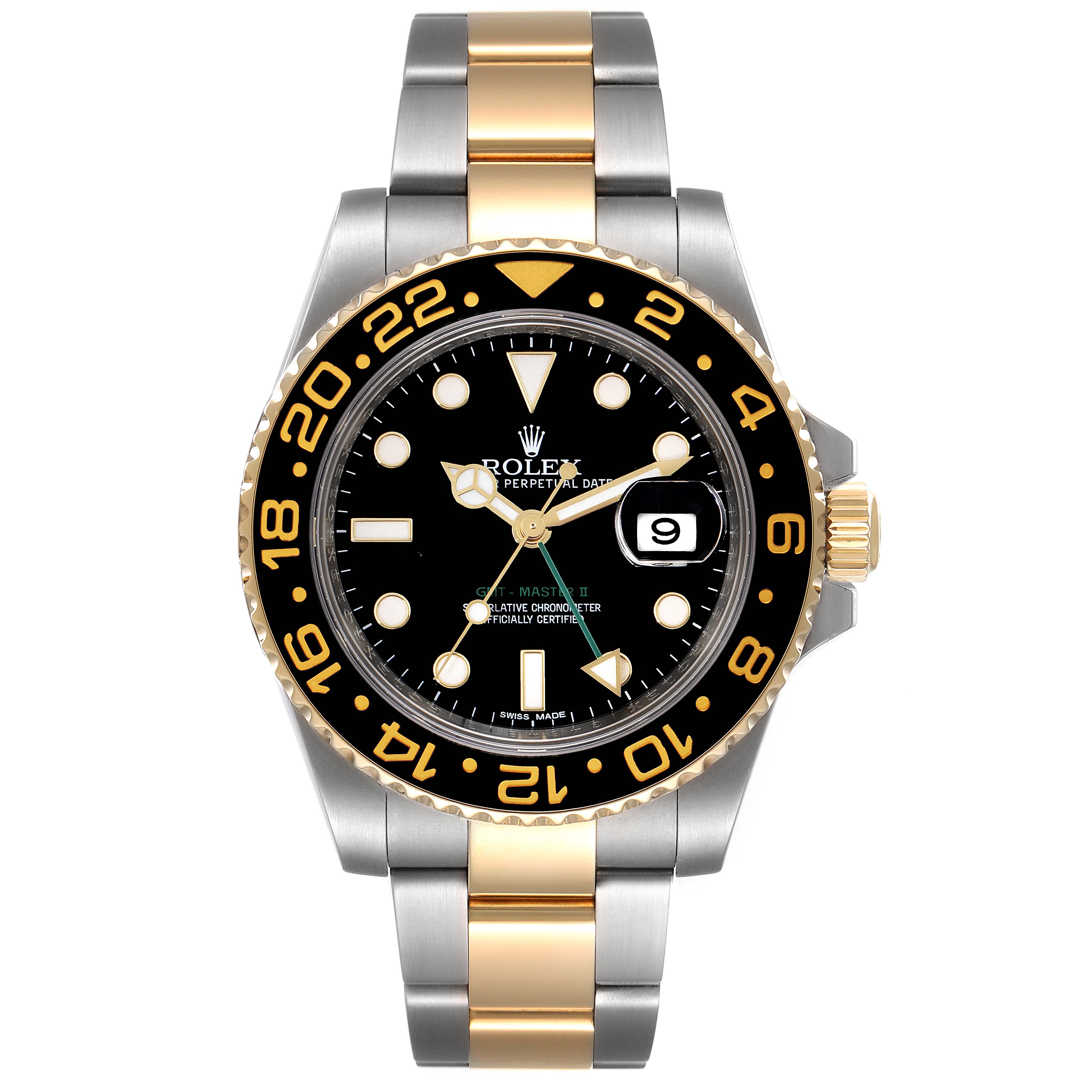 The Rolex GMT-Master 116713 Men's Steel and Gold (two tone) Black Dial 116713 Men's Steel and Gold (two tone) Black Dial watch is shown from a front angle, displaying its dial, bezel, and bicolor bracelet.