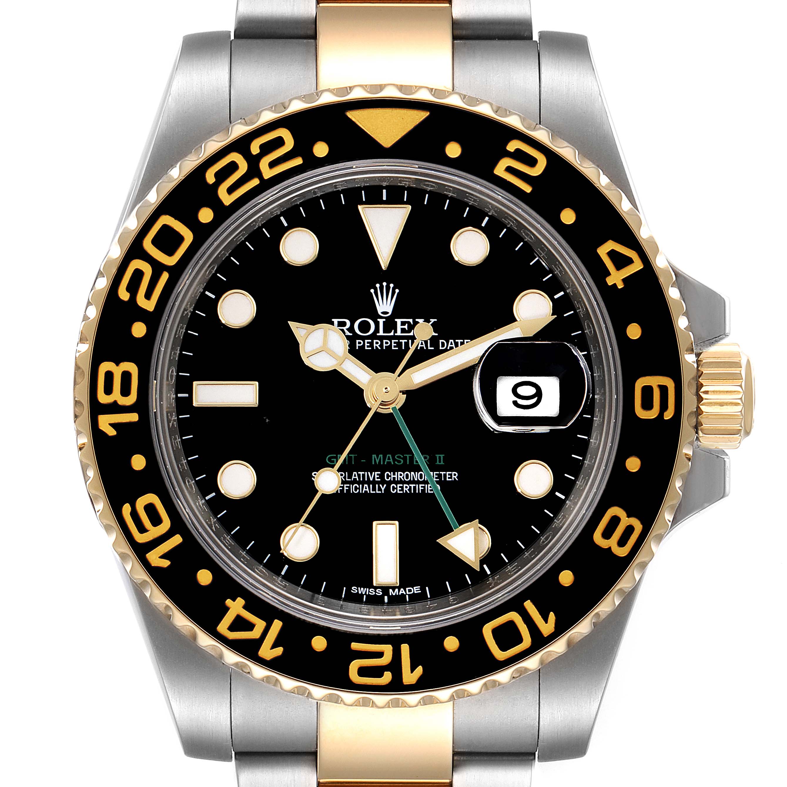 The Rolex GMT-Master 116713 Men's Steel and Gold (two tone) Black Dial 116713 Men's Steel and Gold (two tone) Black Dial II watch is shown from the front, highlighting its black dial, date window, and black and gold bezel.