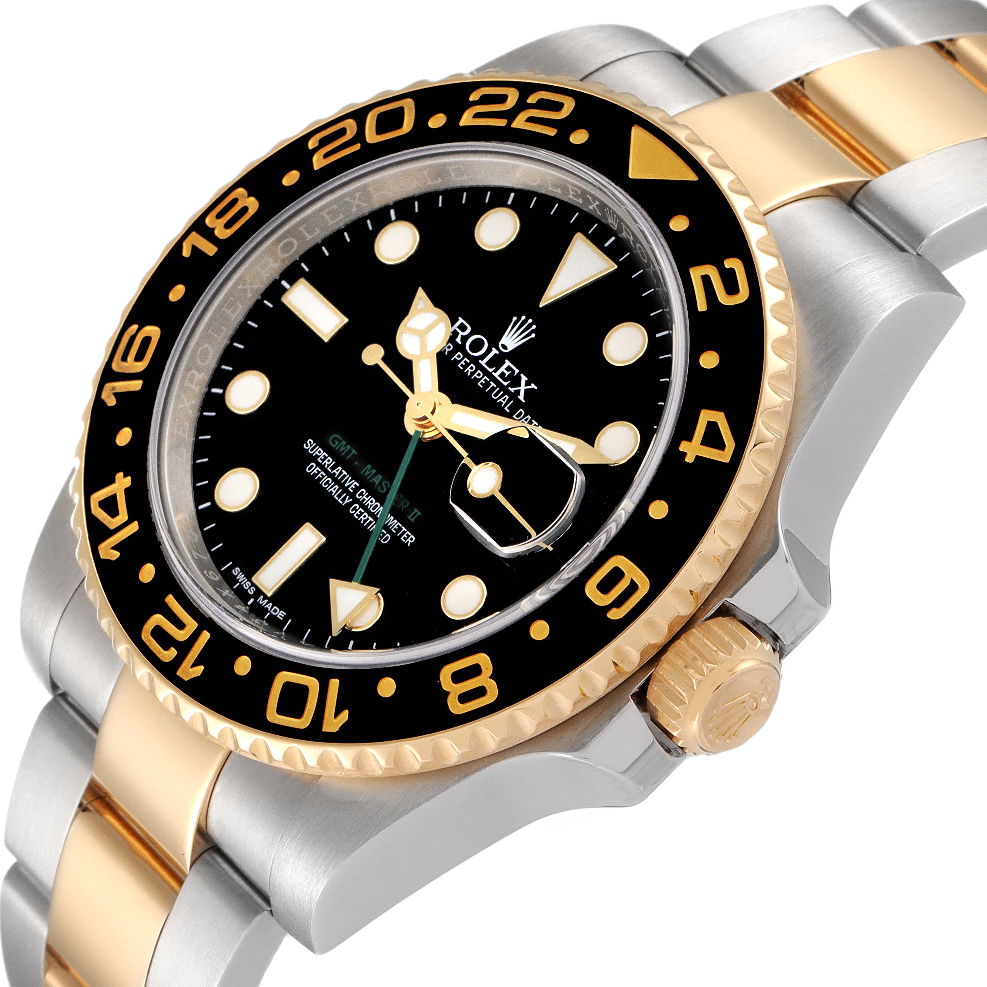 This image shows a close-up angle of a Rolex GMT-Master 116713 Men's Steel and Gold (two tone) Black Dial 116713 Men's Steel and Gold (two tone) Black Dial watch, focusing on the dial, bezel, crown, and bracelet.