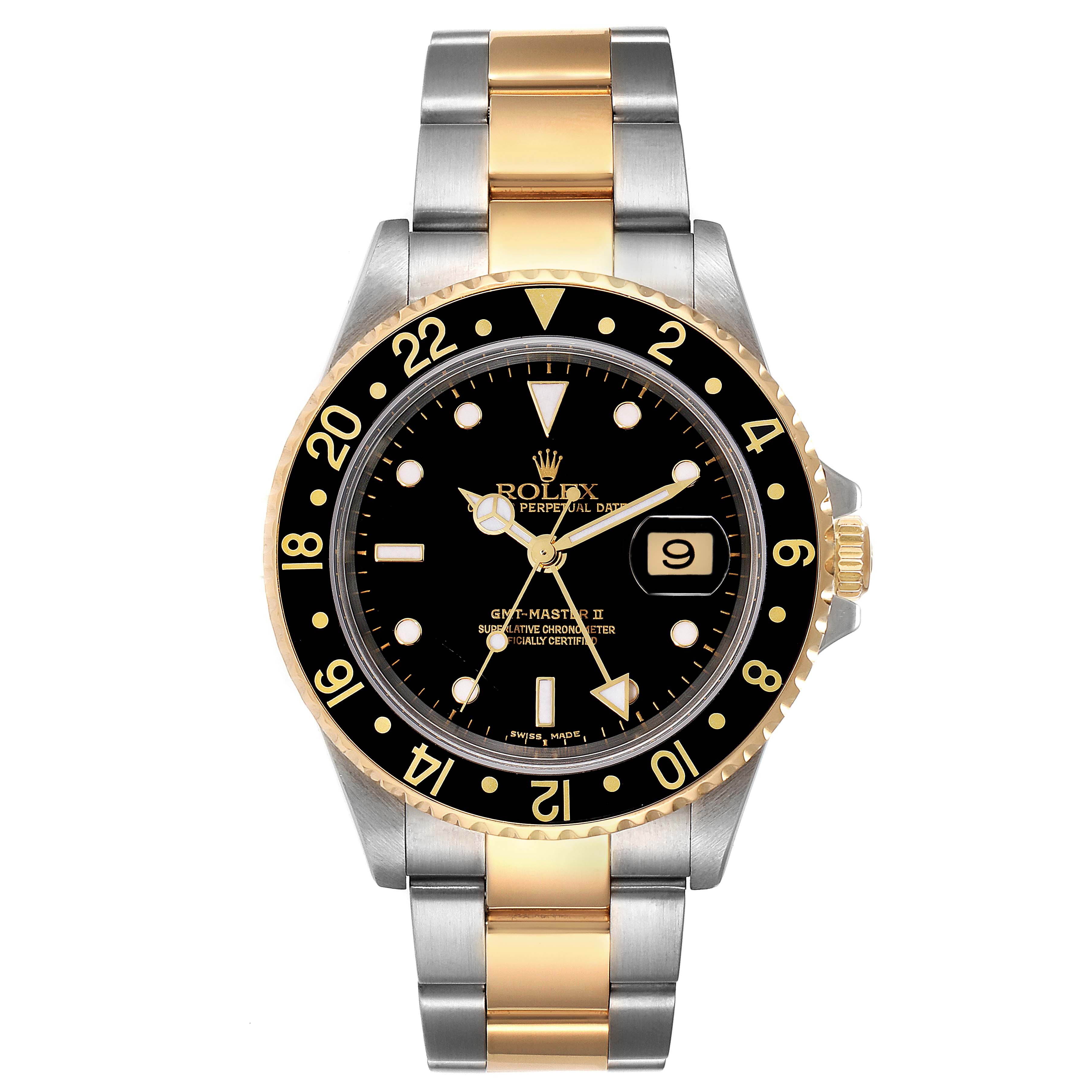 The image shows a front view of a Rolex GMT-Master 16713 Men's Steel and Gold (two tone) Black Dial 16713 Men's Steel and Gold (two tone) Black Dial II watch with a two-tone metal strap and a black and gold bezel.
