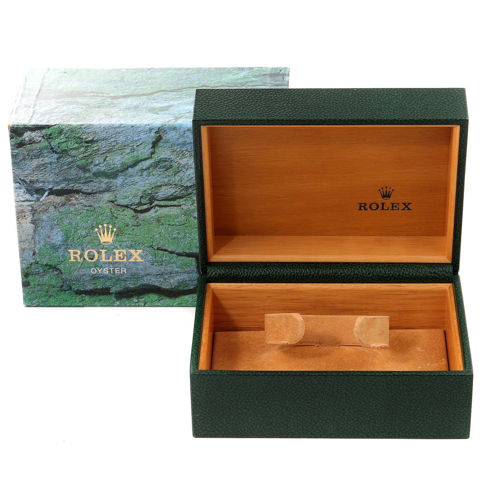 The image shows an open green leather and wood Rolex box for the GMT-Master model with a Rolex Oyster cardboard box.