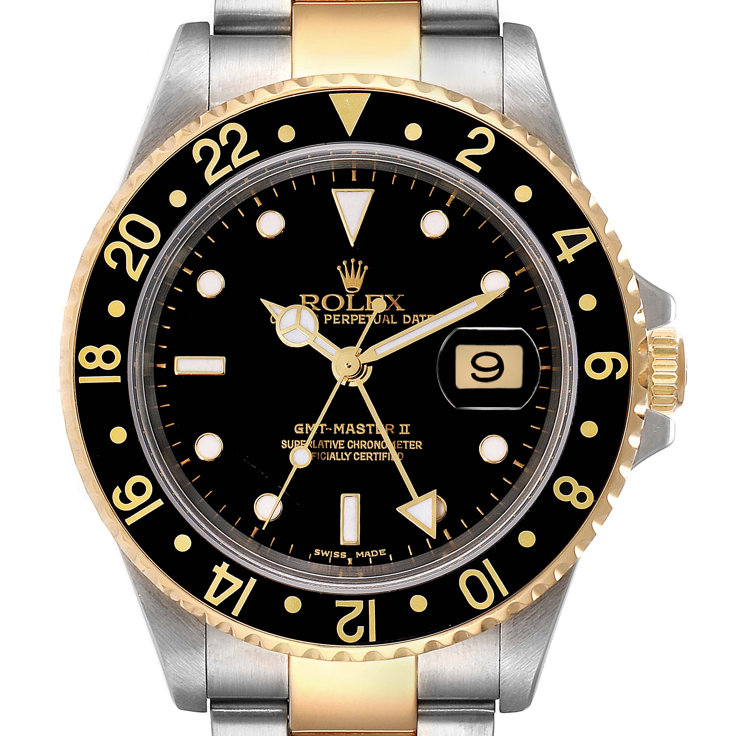 This image shows a front view of a Rolex GMT-Master 16713 Men's Steel and Gold (two tone) Black Dial 16713 Men's Steel and Gold (two tone) Black Dial II watch, highlighting the bezel, dial, and date window.