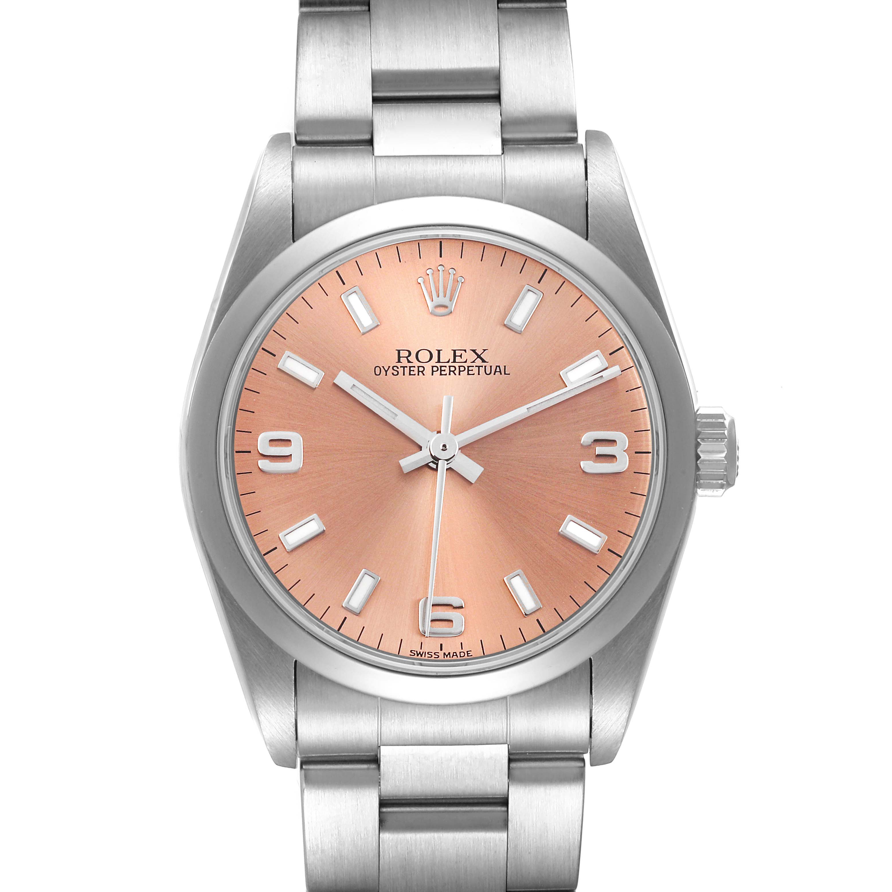 The image shows a front view of the Rolex Mid-Size 77080 Women
s Stainless Steel Pink Dial 77080 Women
s Stainless Steel Pink Dial Oyster Perpetual watch, displaying its face, bezel, and part of the bracelet.