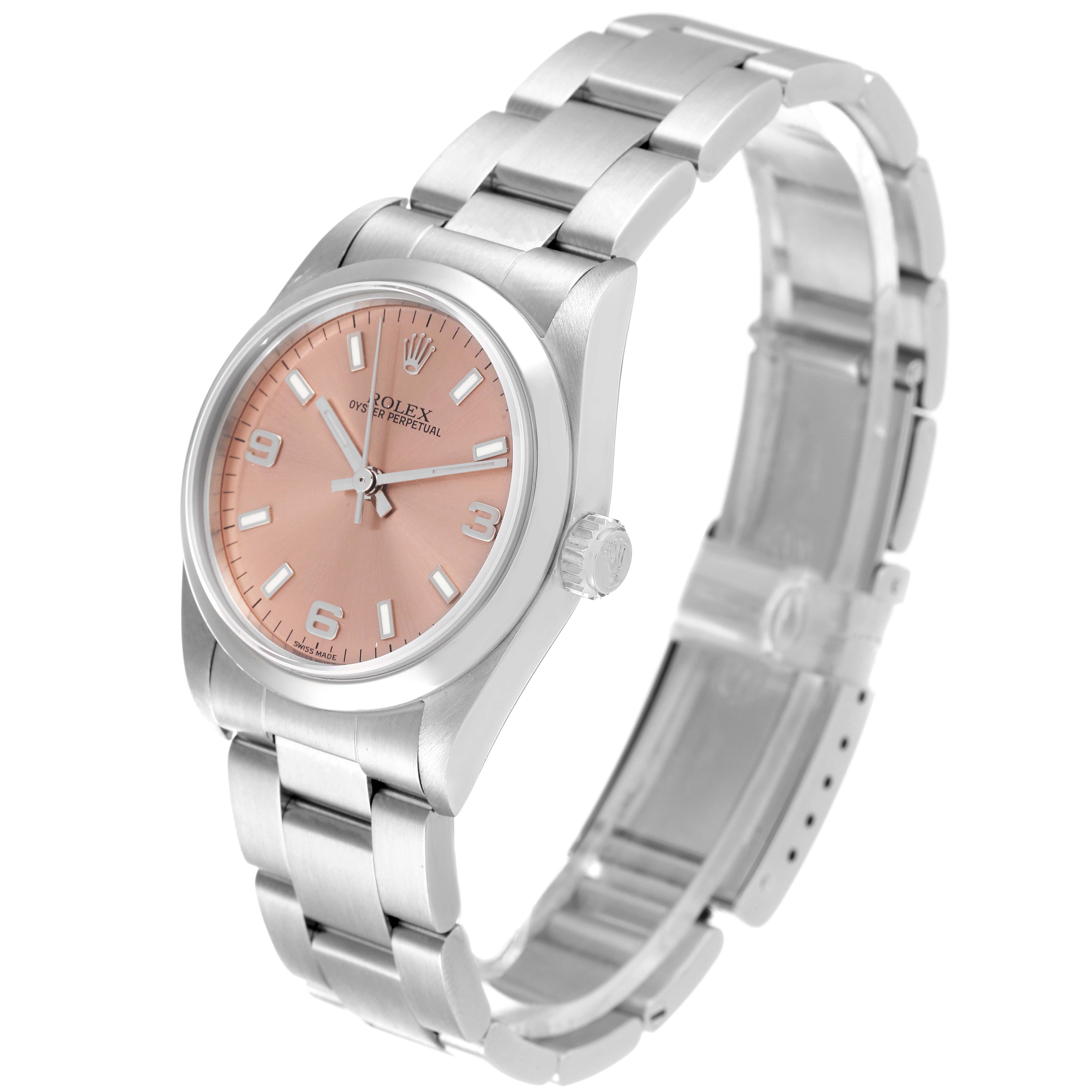 The image shows a side view at an angle of the Rolex Mid-Size 77080 Women
s Stainless Steel Pink Dial 77080 Women
s Stainless Steel Pink Dial Oyster Perpetual watch, highlighting its pink dial and stainless steel bracelet.