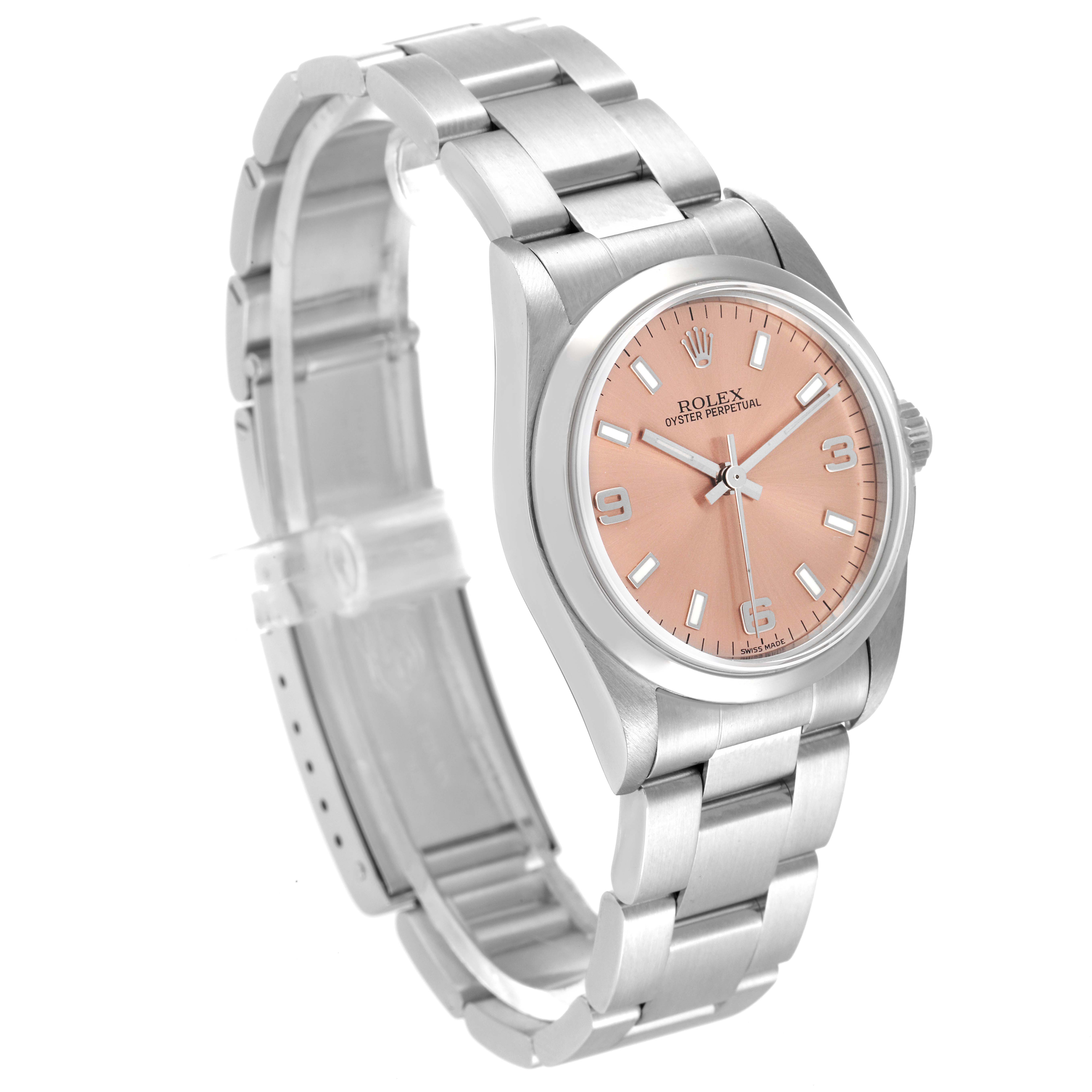This image shows a Rolex Mid-Size 77080 Women
s Stainless Steel Pink Dial 77080 Women
s Stainless Steel Pink Dial Oyster Perpetual watch at a three-quarter angle, highlighting the face and bracelet.