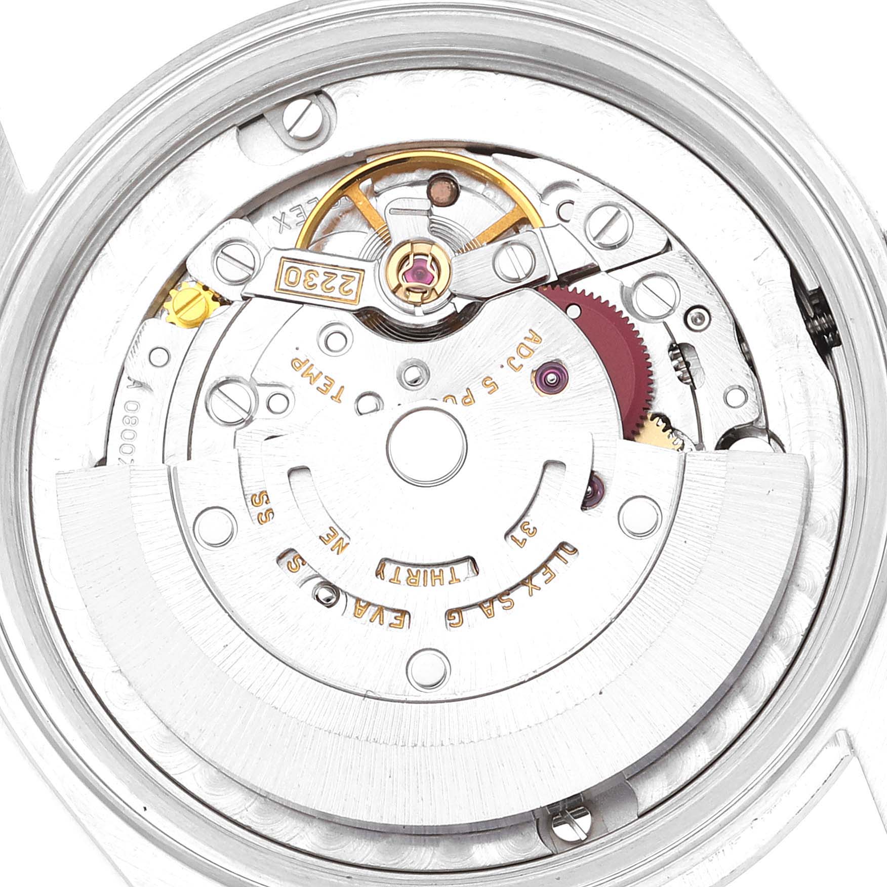 The image shows the internal movement mechanism of a Mid-Size Rolex watch, viewed from the back.