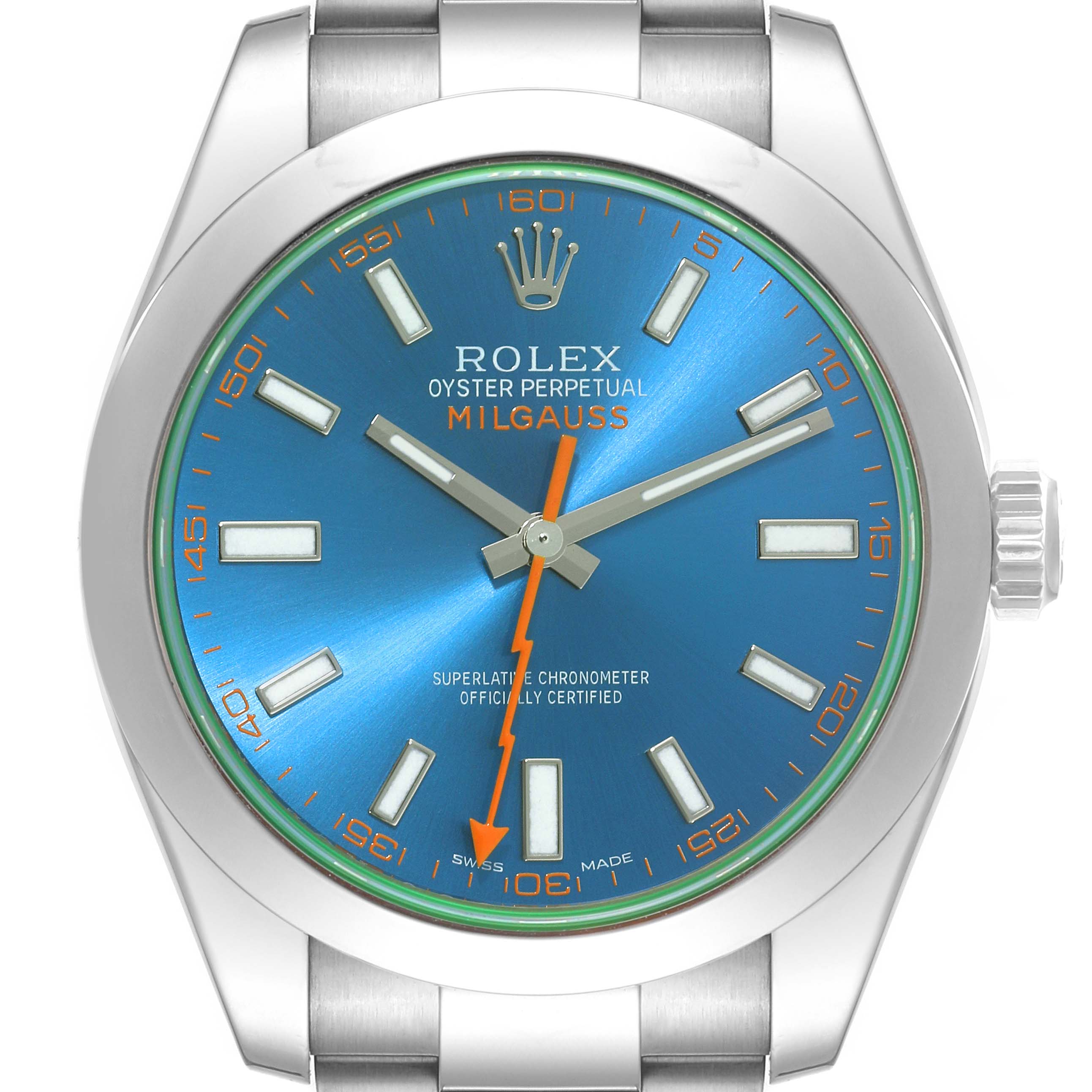 This image shows a front view of a Rolex Milgauss 116400GV Men's Stainless Steel Blue Dial 116400GV Men's Stainless Steel Blue Dial watch, featuring a blue dial and stainless steel case and bracelet.