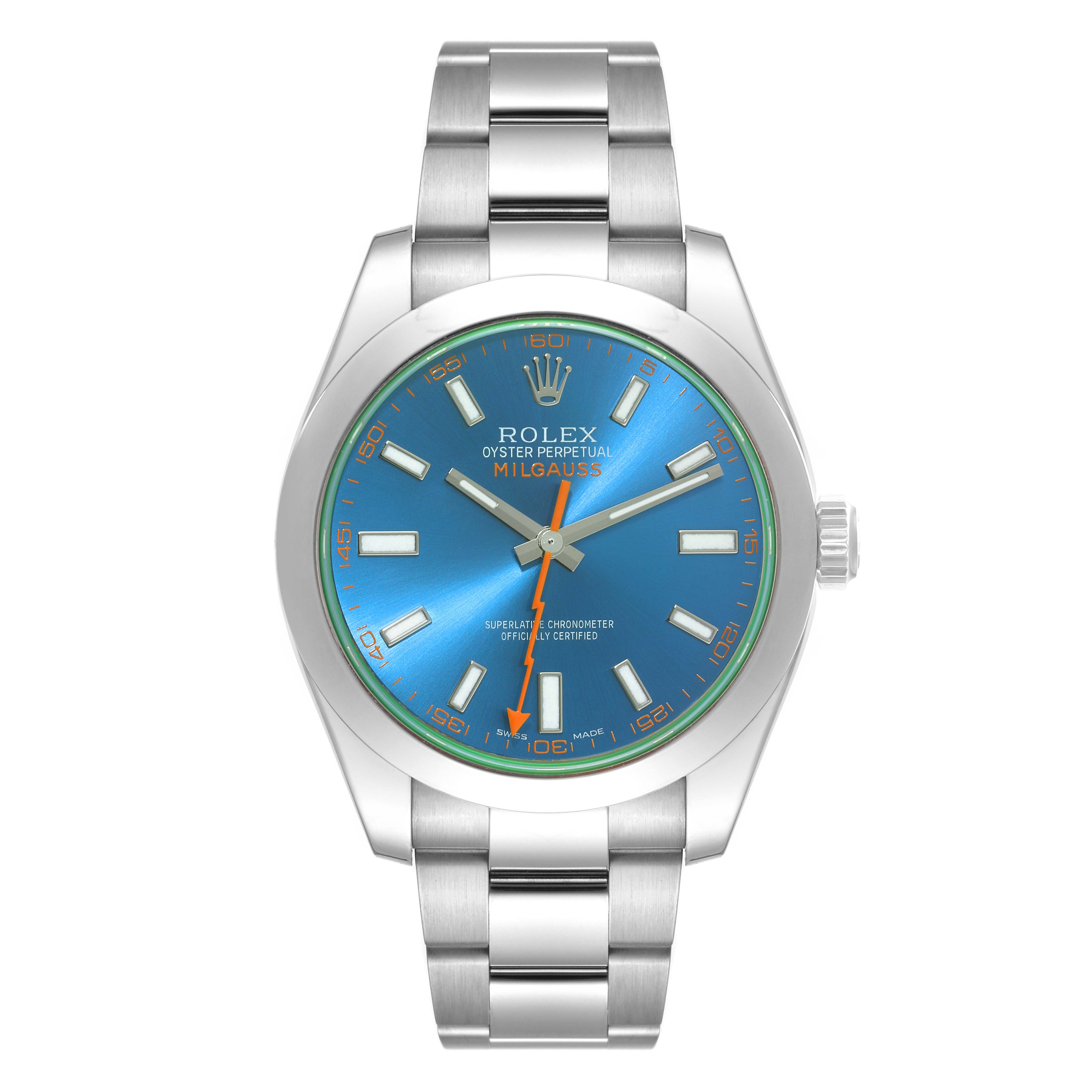 This image shows a Rolex Milgauss 116400GV Men's Stainless Steel Blue Dial 116400GV Men's Stainless Steel Blue Dial watch captured from a front angle, displaying its face, bezel, and bracelet.