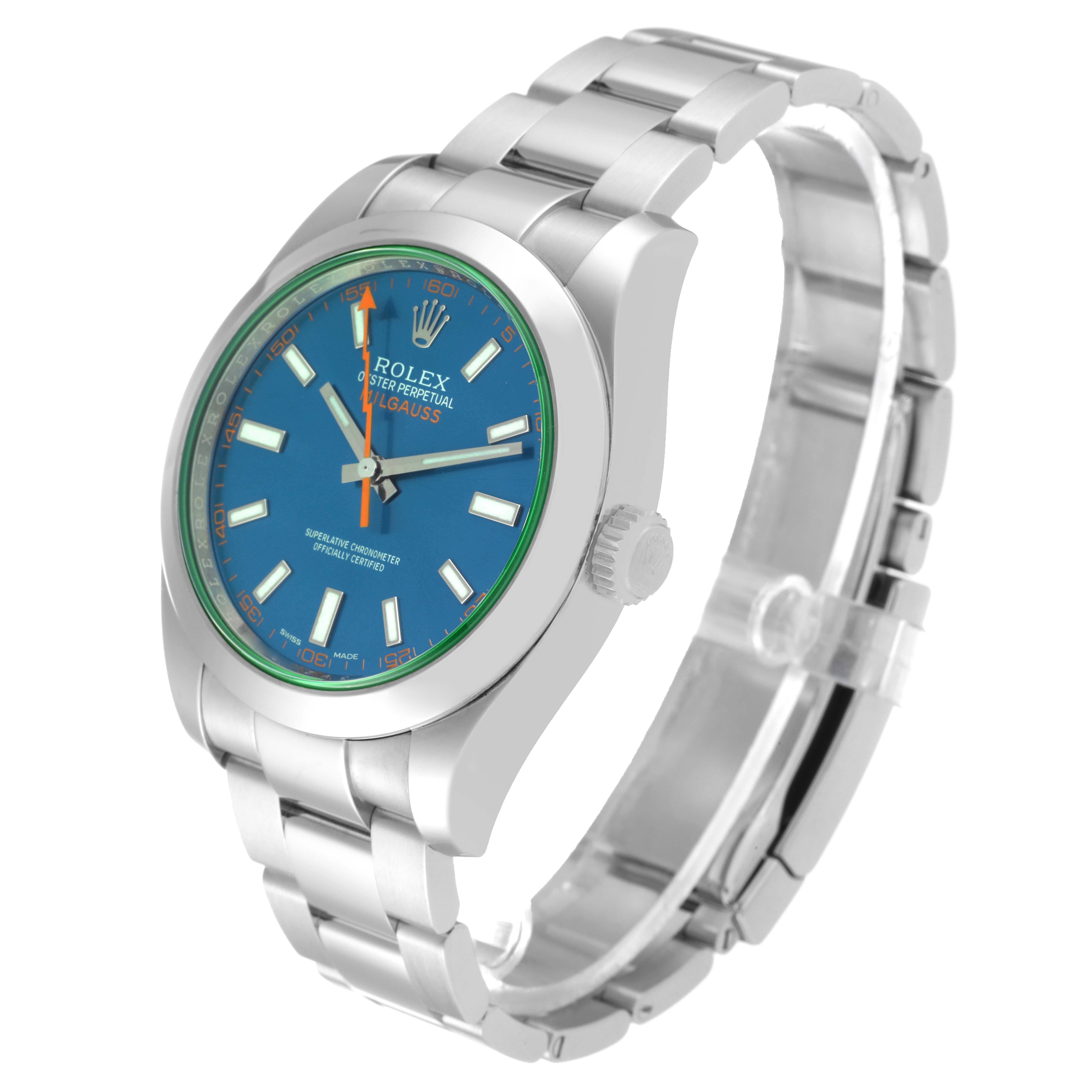 This image shows a Rolex Milgauss 116400GV Men's Stainless Steel Blue Dial 116400GV Men's Stainless Steel Blue Dial watch angled from the top-right, highlighting the blue dial, case, bracelet, and crown.