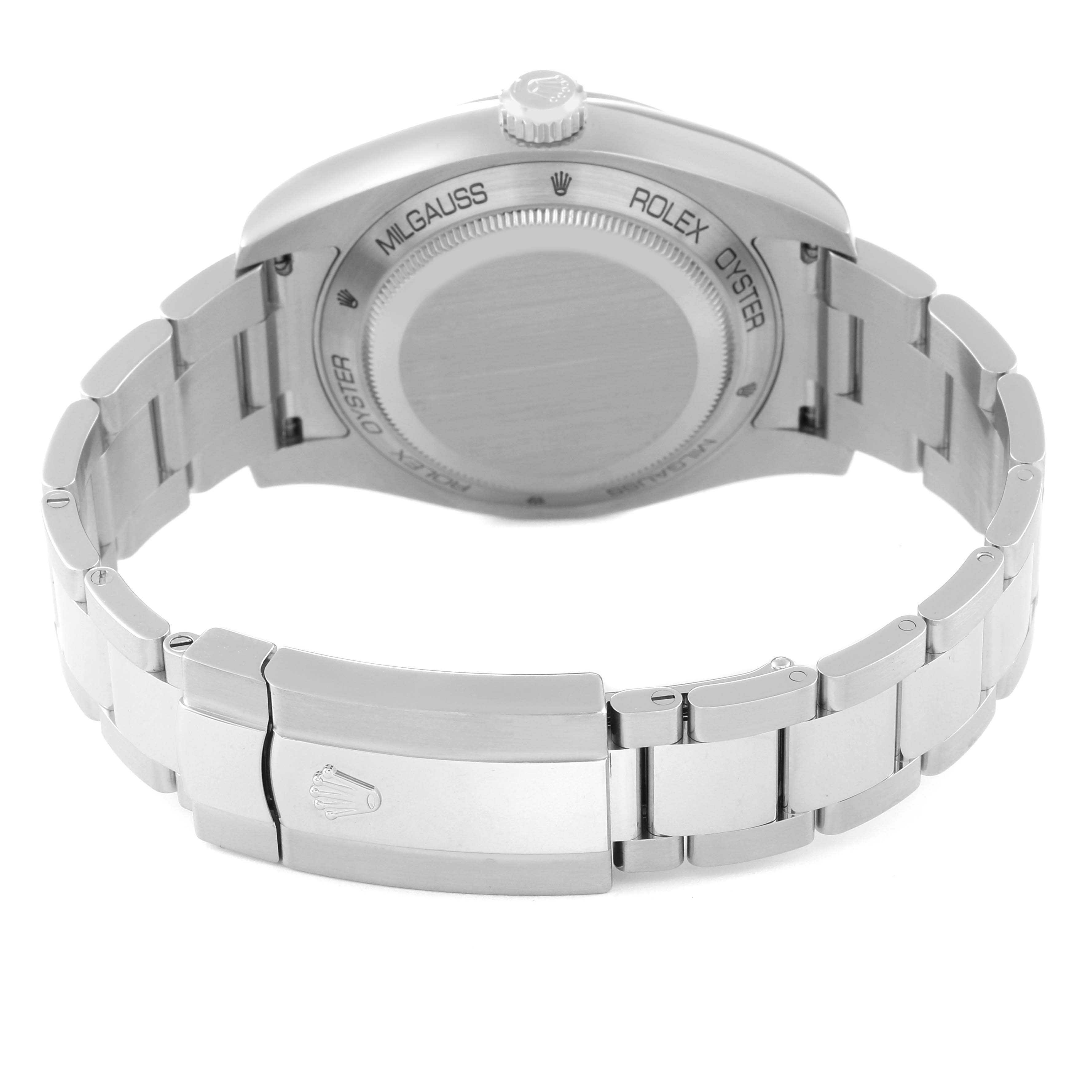 The image shows the back and bracelet of a Rolex Milgauss 116400GV Men's Stainless Steel Blue Dial 116400GV Men's Stainless Steel Blue Dial watch from an angle with a focus on the clasp and case back.