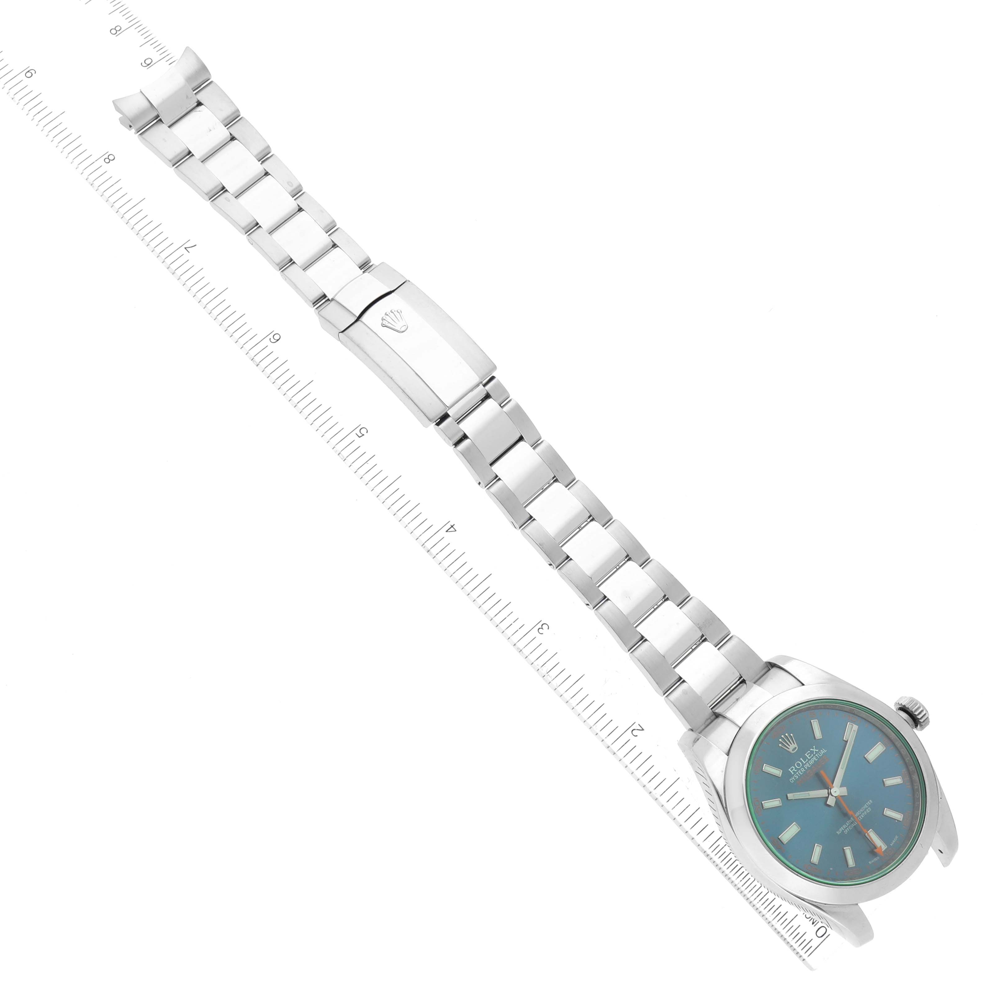 The image shows the Rolex Milgauss 116400GV Men's Stainless Steel Blue Dial 116400GV Men's Stainless Steel Blue Dial watch from an overhead angle, displaying the dial, band, and clasp.