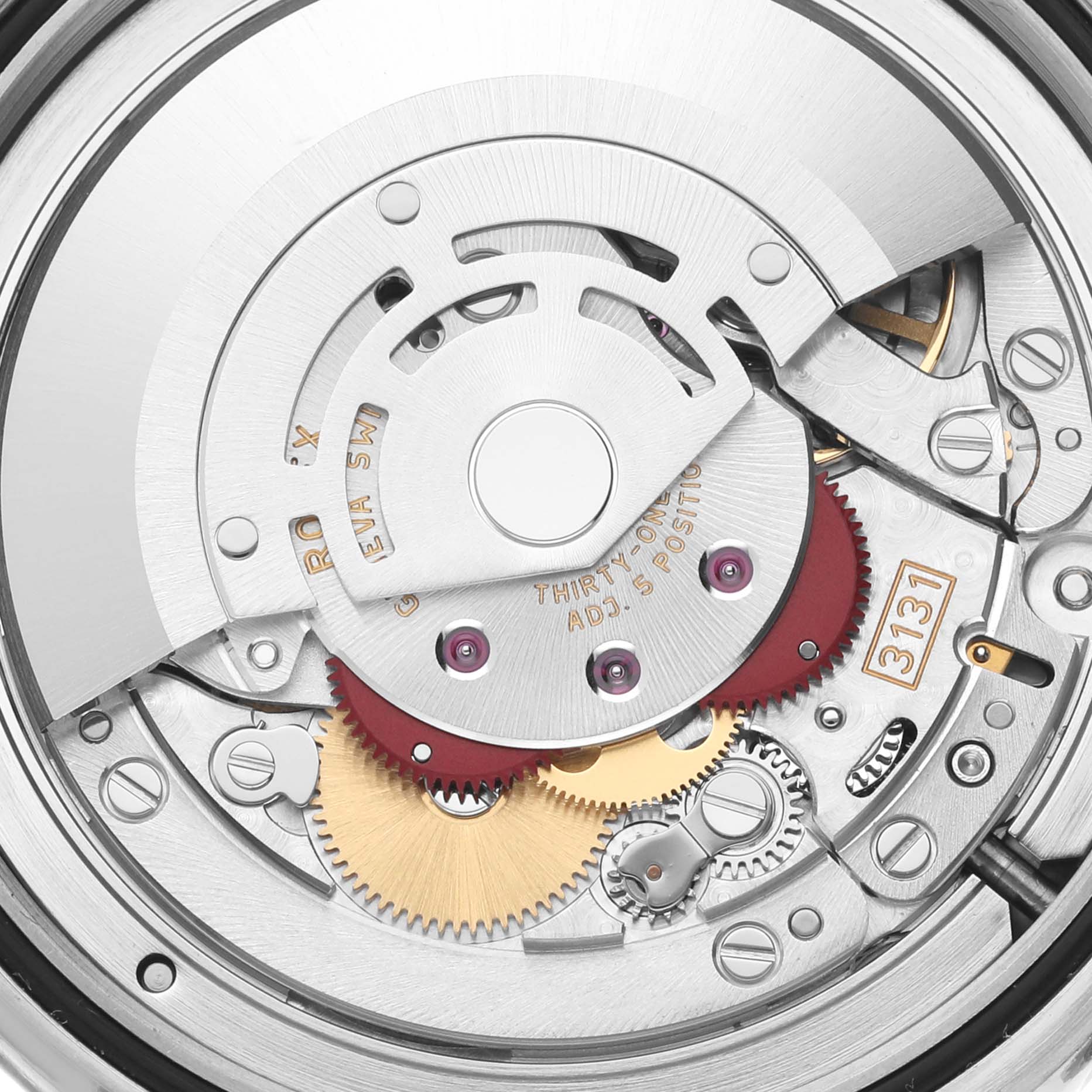 This image shows a close-up view of the internal movement mechanism of the Rolex Milgauss 116400GV Men's Stainless Steel Blue Dial 116400GV Men's Stainless Steel Blue Dial watch.