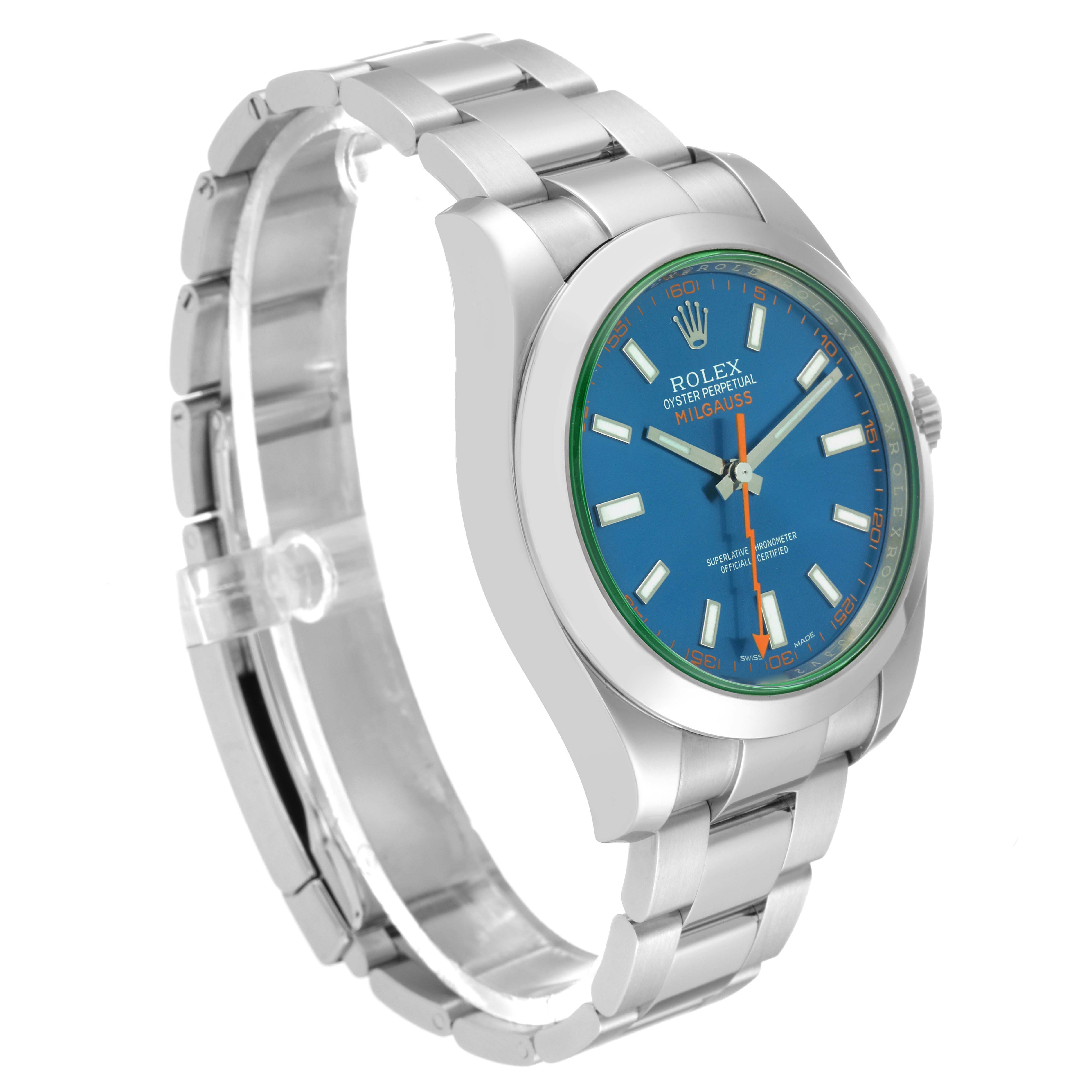 The image shows a Rolex Milgauss 116400GV Men's Stainless Steel Blue Dial 116400GV Men's Stainless Steel Blue Dial watch from an angled side view, highlighting the bracelet, case, and blue dial.