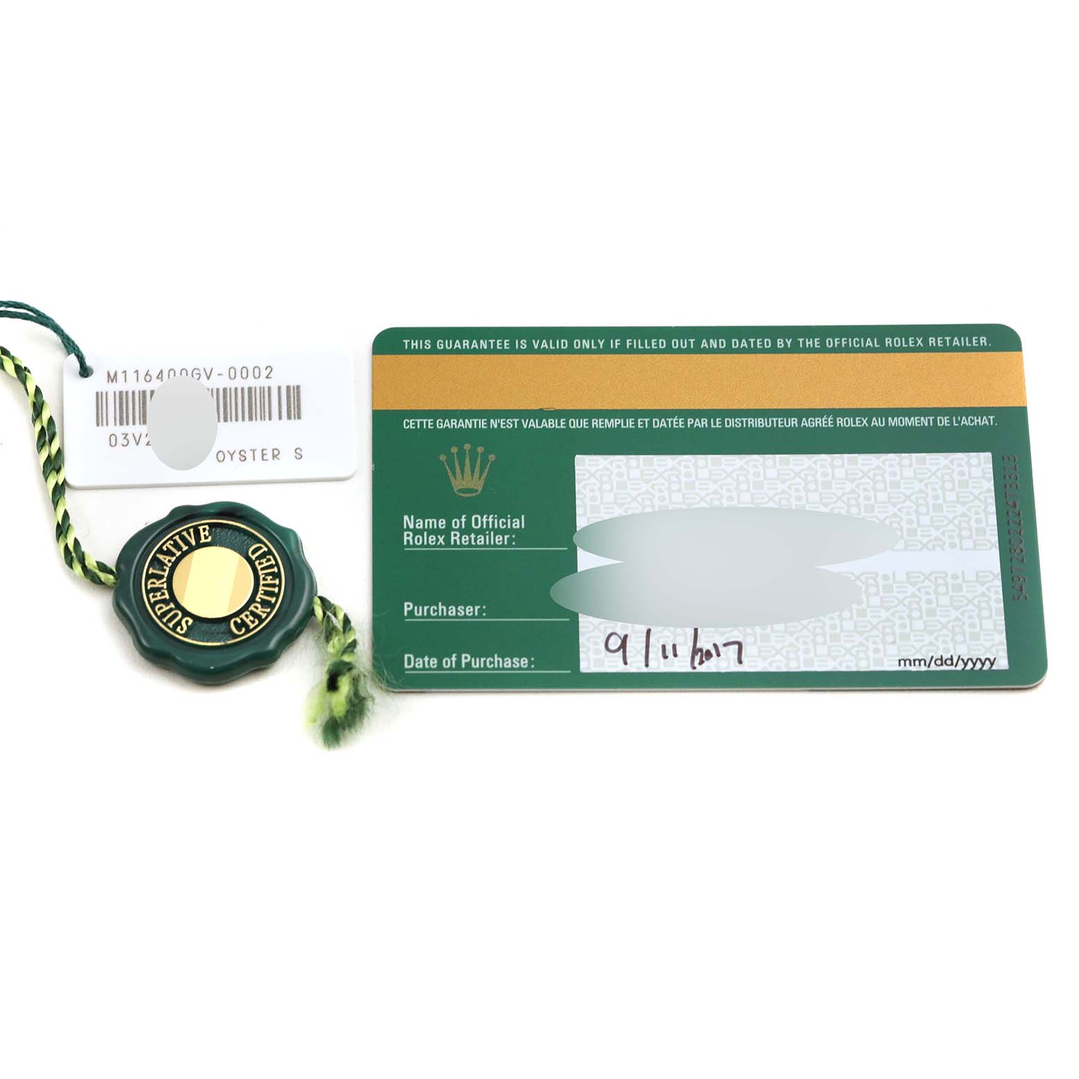 The image shows the guarantee card and certification seal for a Rolex Milgauss 116400GV Men's Stainless Steel Blue Dial 116400GV Men's Stainless Steel Blue Dial model watch, along with a tag displaying the model number.