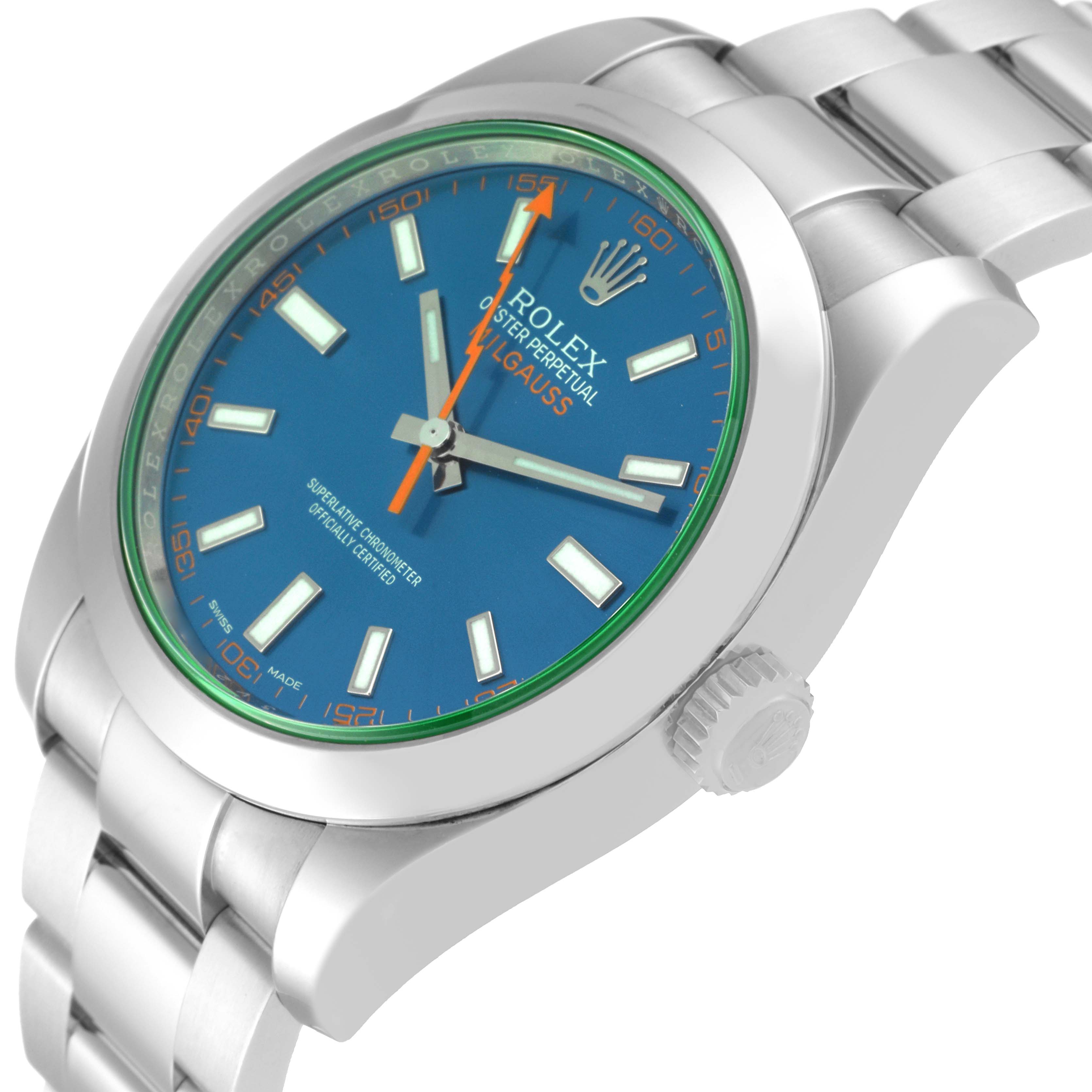 The image shows a side angle of a Rolex Milgauss 116400GV Men's Stainless Steel Blue Dial 116400GV Men's Stainless Steel Blue Dial watch, highlighting the blue dial, crown, and part of the bracelet.