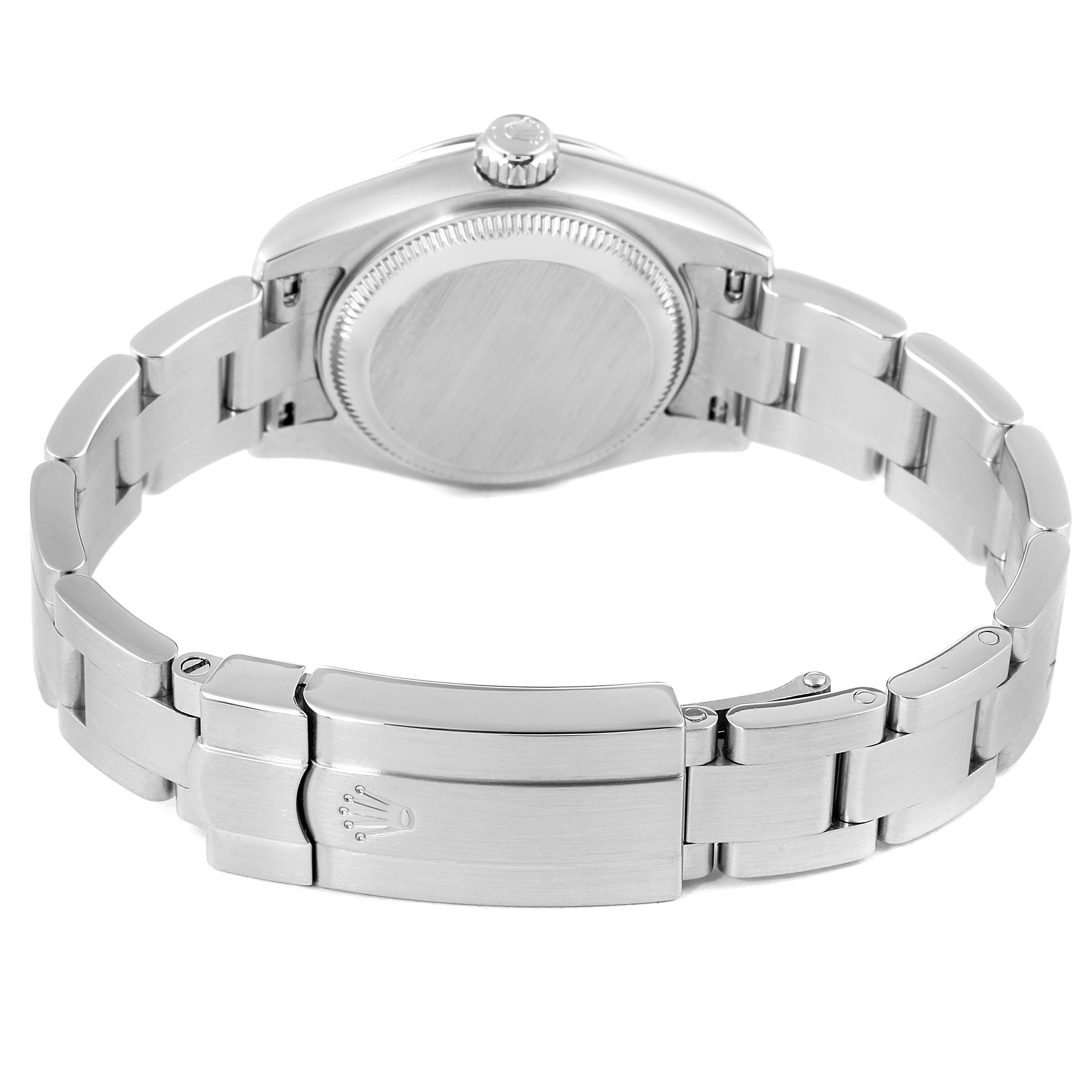 The image shows the back view of a Rolex Oyster Perpetual 176200 Women's Stainless Steel Pink Dial 176200 Women's Stainless Steel Pink Dial watch, highlighting its band and clasp.