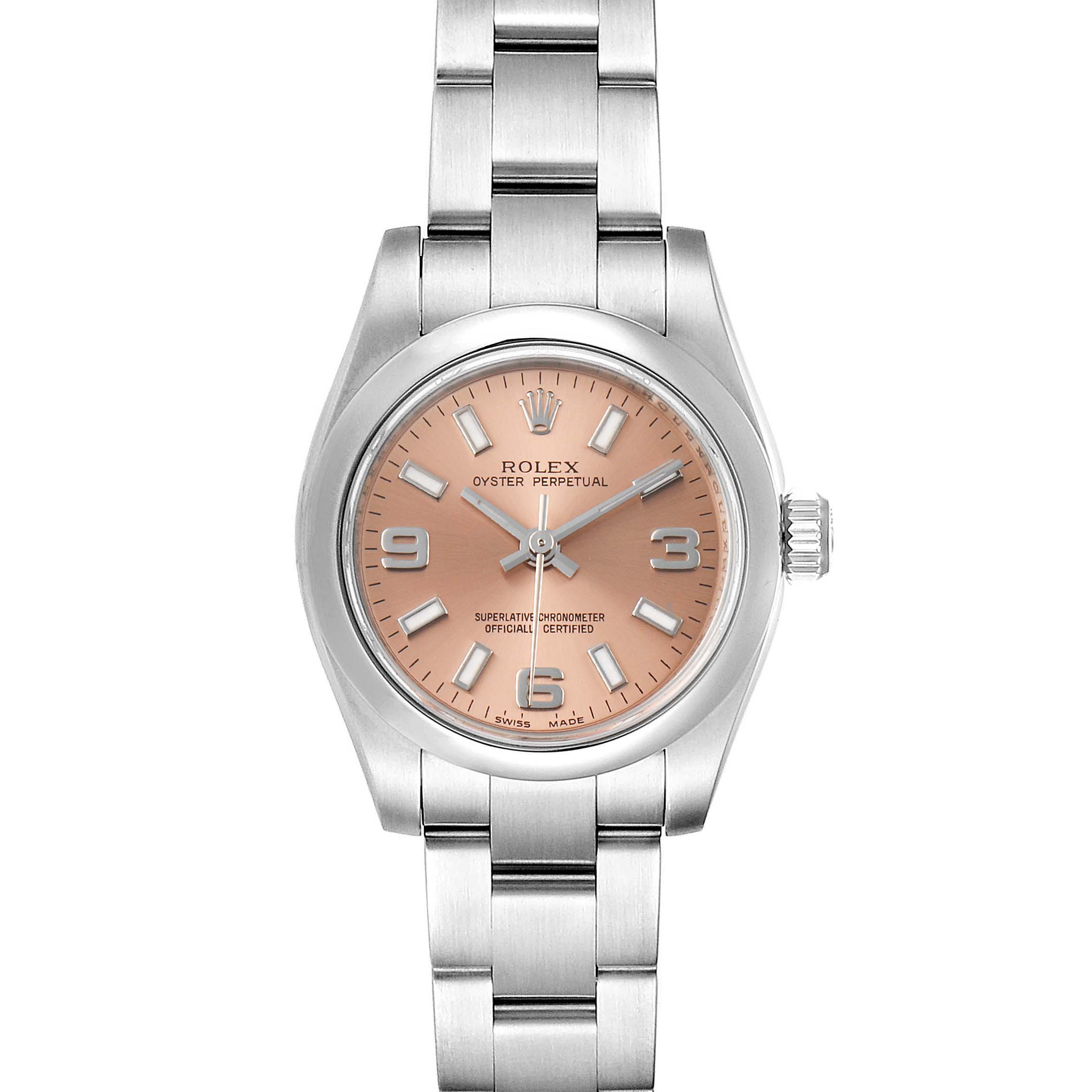 This image shows a front view of a Rolex Oyster Perpetual 176200 Women's Stainless Steel Pink Dial 176200 Women's Stainless Steel Pink Dial watch, featuring the dial, bezel, crown, and bracelet.