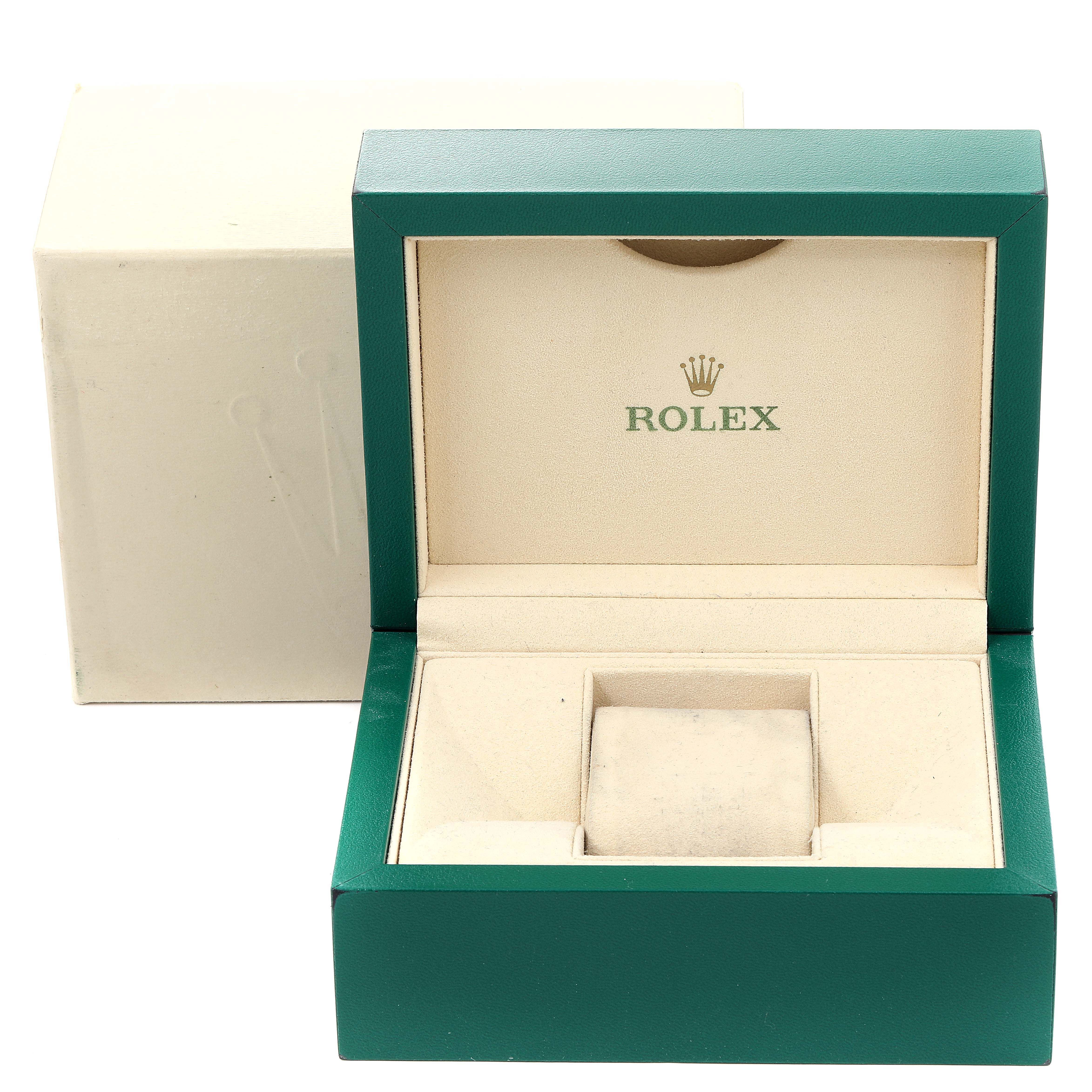 The image shows an empty Rolex Oyster Perpetual 176200 Women's Stainless Steel Pink Dial 176200 Women's Stainless Steel Pink Dial watch box and its outer packaging, viewed from the front.