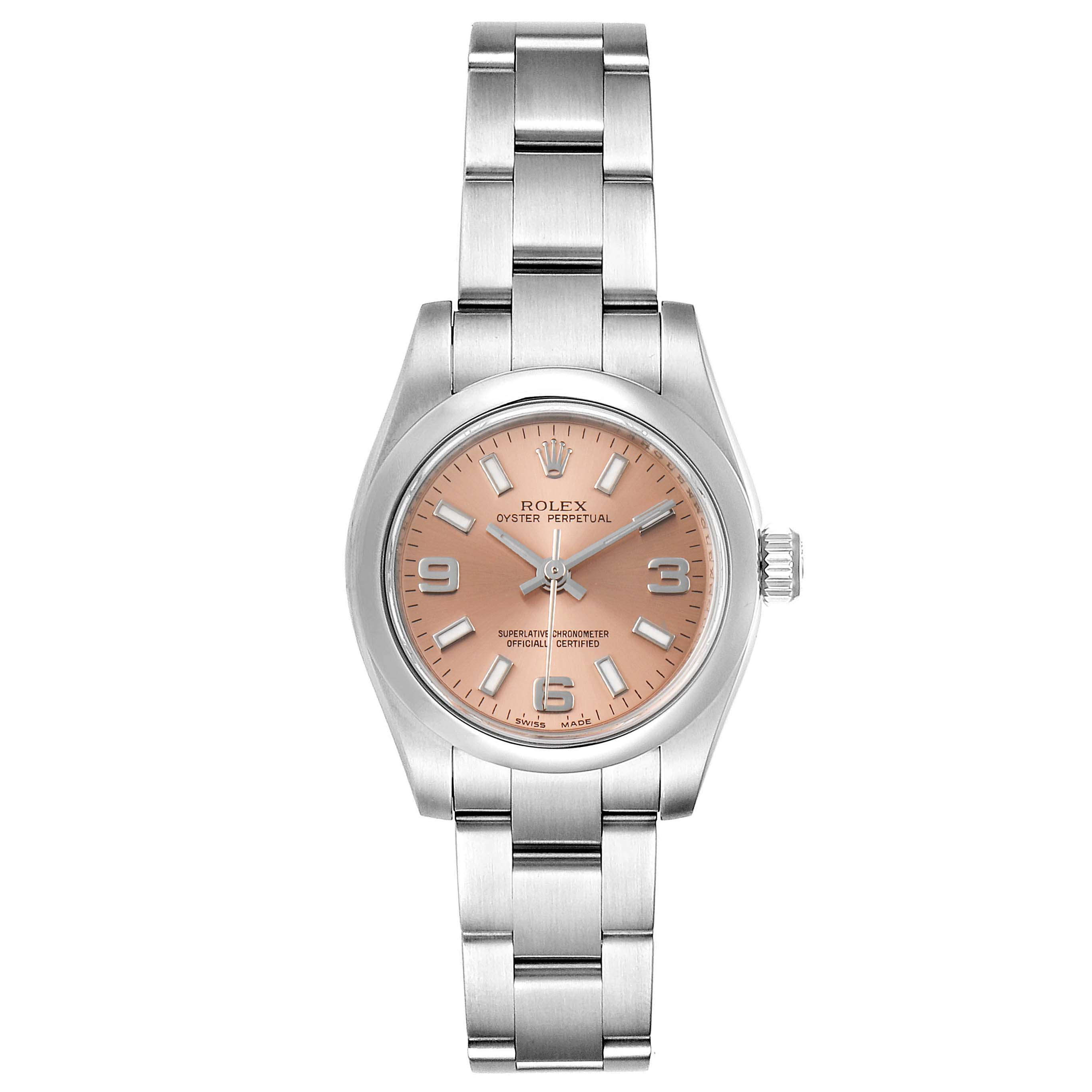 This image shows a front view of a Rolex Oyster Perpetual 176200 Women's Stainless Steel Pink Dial 176200 Women's Stainless Steel Pink Dial watch with a pink dial and silver bracelet.