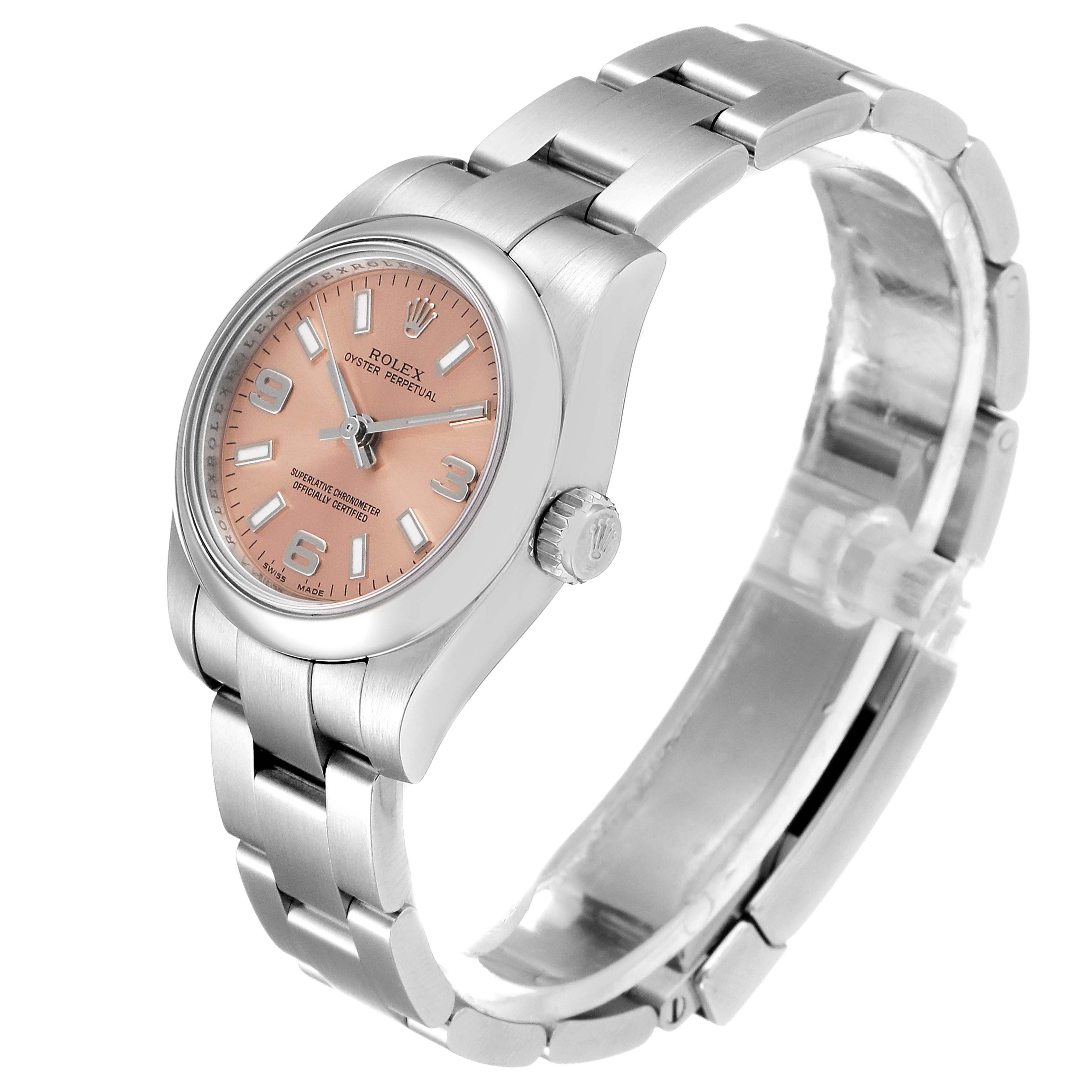 The Rolex Oyster Perpetual 176200 Women's Stainless Steel Pink Dial 176200 Women's Stainless Steel Pink Dial watch is shown at an angled side view, revealing the face, bezel, crown, and stainless steel bracelet.