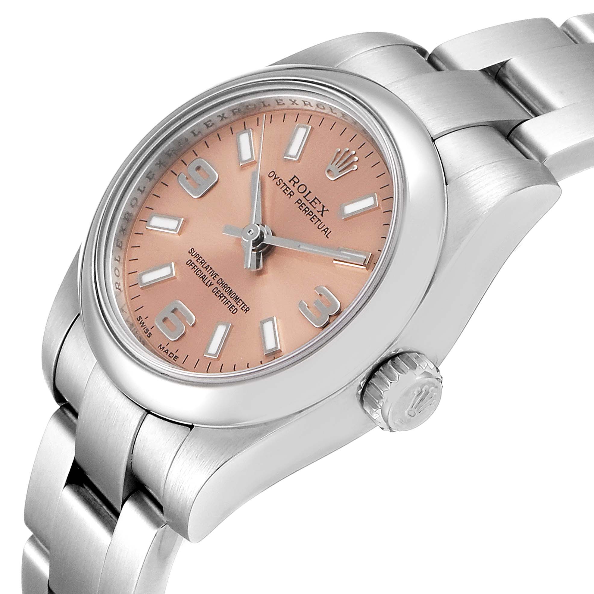 The image shows a side and partial front view of a Rolex Oyster Perpetual 176200 Women's Stainless Steel Pink Dial 176200 Women's Stainless Steel Pink Dial watch with a pink dial and silver casing.