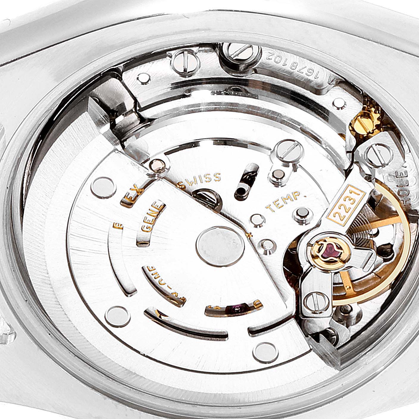 The image shows a close-up of the movement mechanism inside a Rolex Oyster Perpetual 176200 Women's Stainless Steel Pink Dial 176200 Women's Stainless Steel Pink Dial watch.