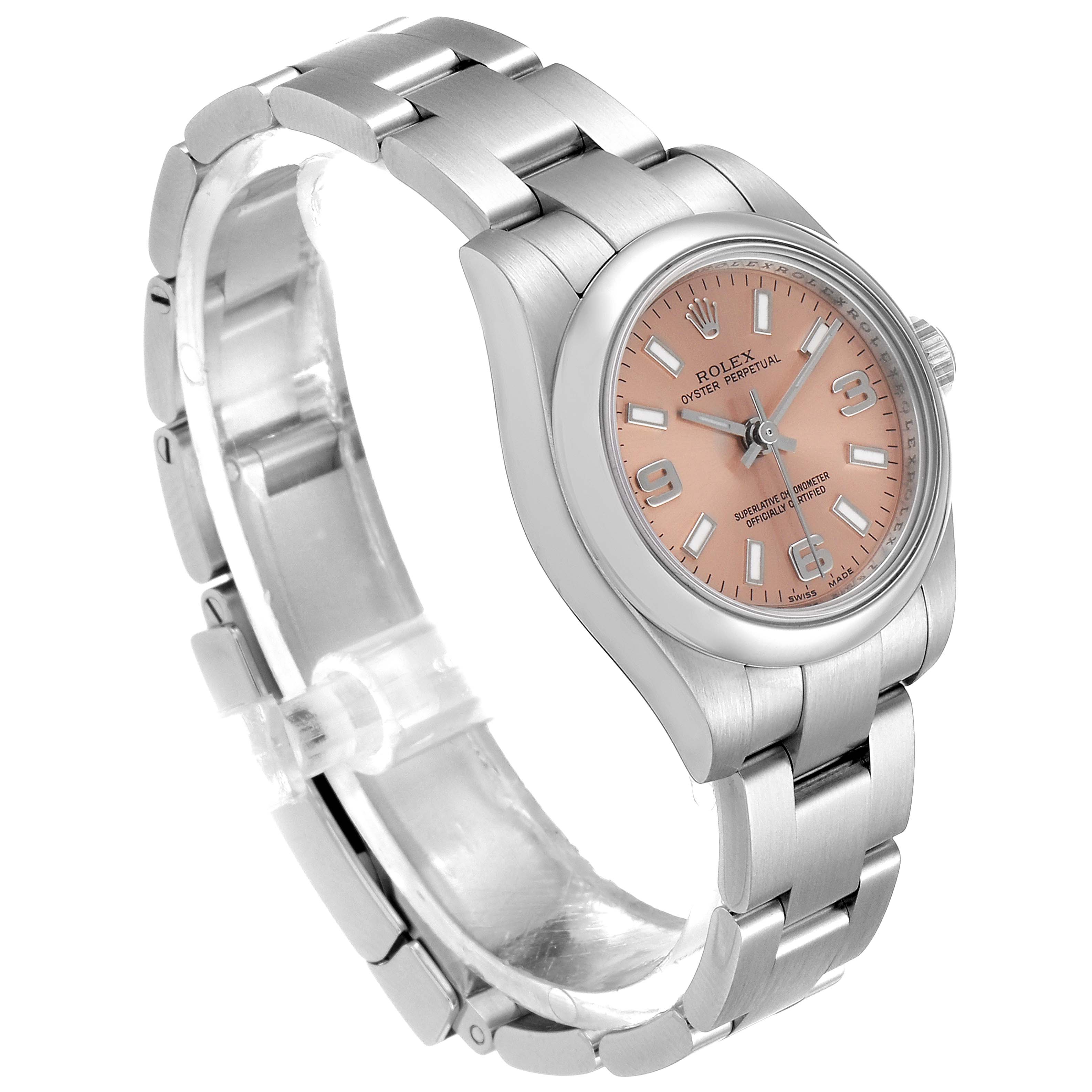 The Rolex Oyster Perpetual 176200 Women's Stainless Steel Pink Dial 176200 Women's Stainless Steel Pink Dial watch is shown at an angle revealing its pink dial, silver bracelet, and case.