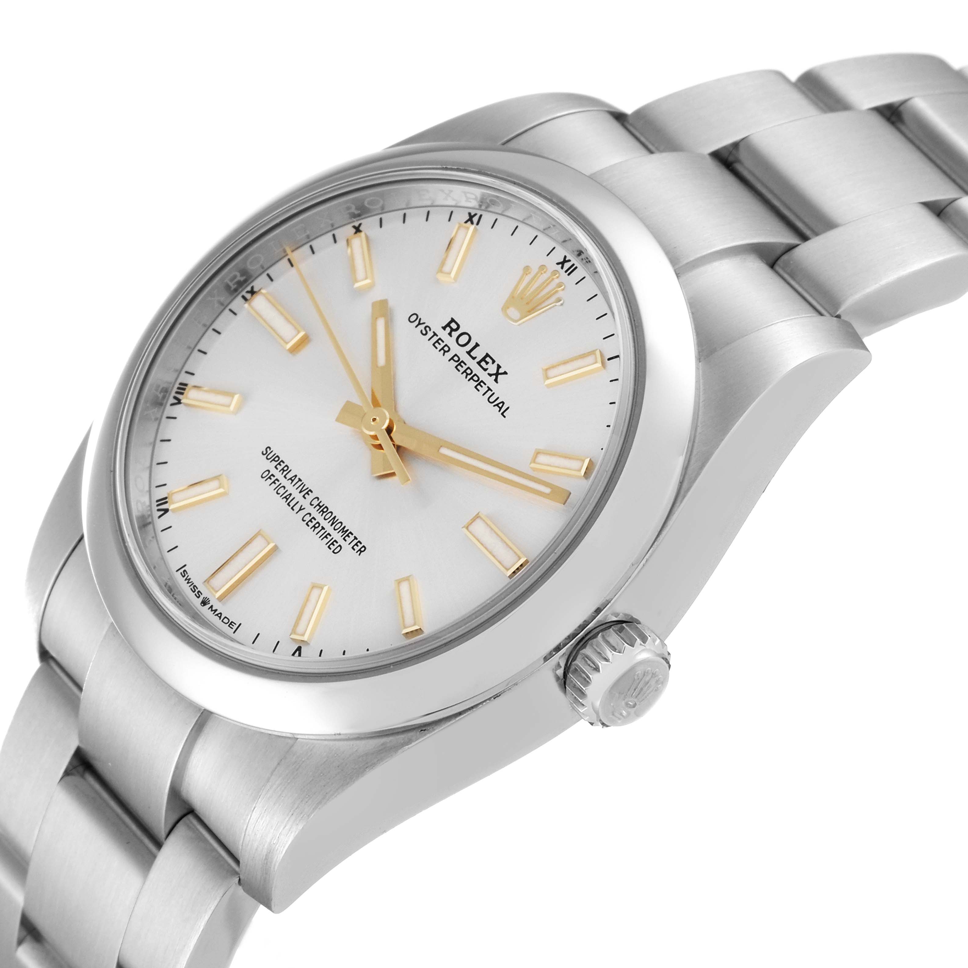 The image shows a side angle of a Rolex Oyster Perpetual 124200 Men's Stainless Steel Silver Dial 124200 Men's Stainless Steel Silver Dial watch, highlighting the dial, crown, and bracelet.