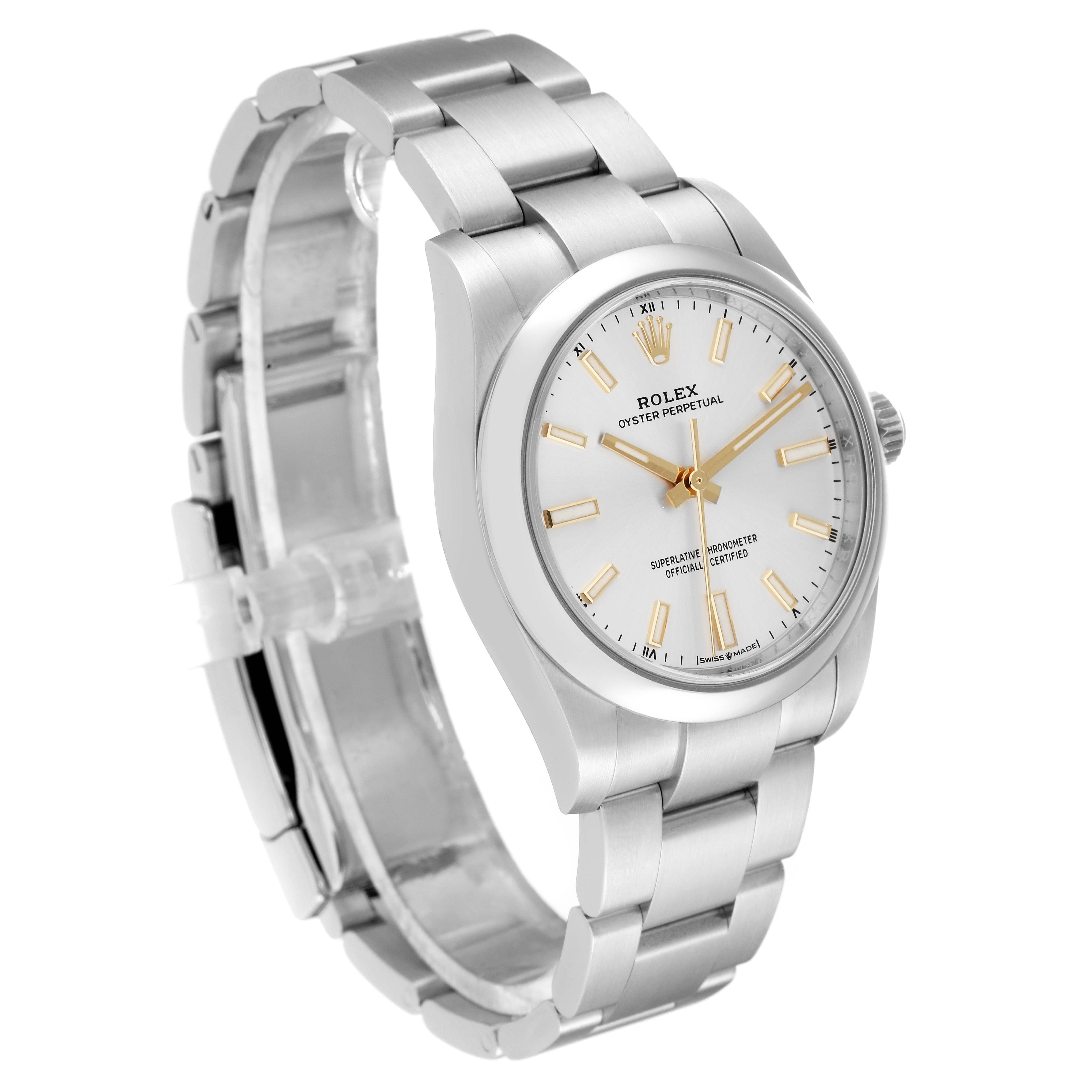 The image shows a Rolex Oyster Perpetual 124200 Men's Stainless Steel Silver Dial 124200 Men's Stainless Steel Silver Dial watch from a three-quarter angle, highlighting the dial, case, and bracelet.