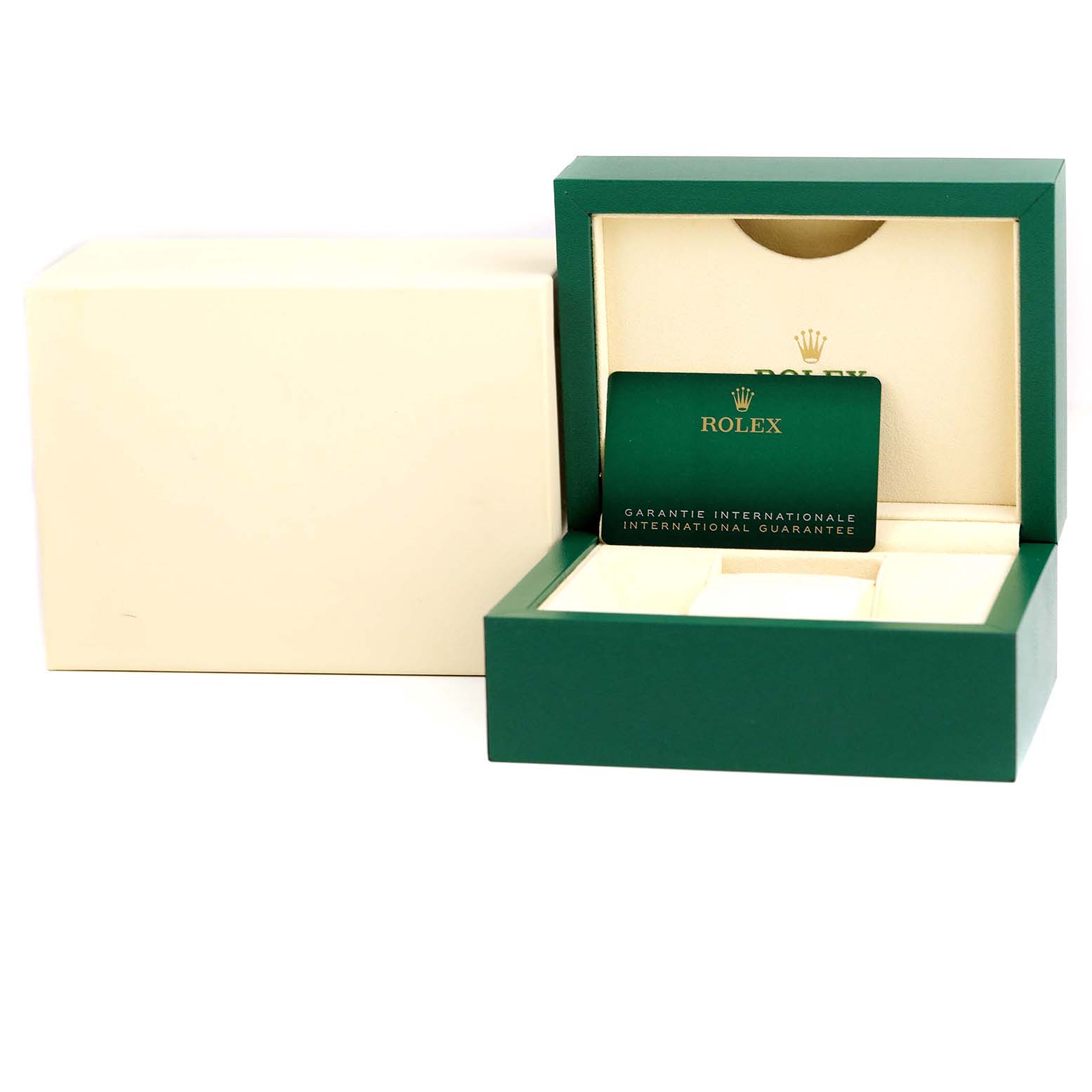 The image shows the packaging of a Rolex Oyster Perpetual 124200 Men's Stainless Steel Silver Dial 124200 Men's Stainless Steel Silver Dial watch, including the box and international guarantee card.