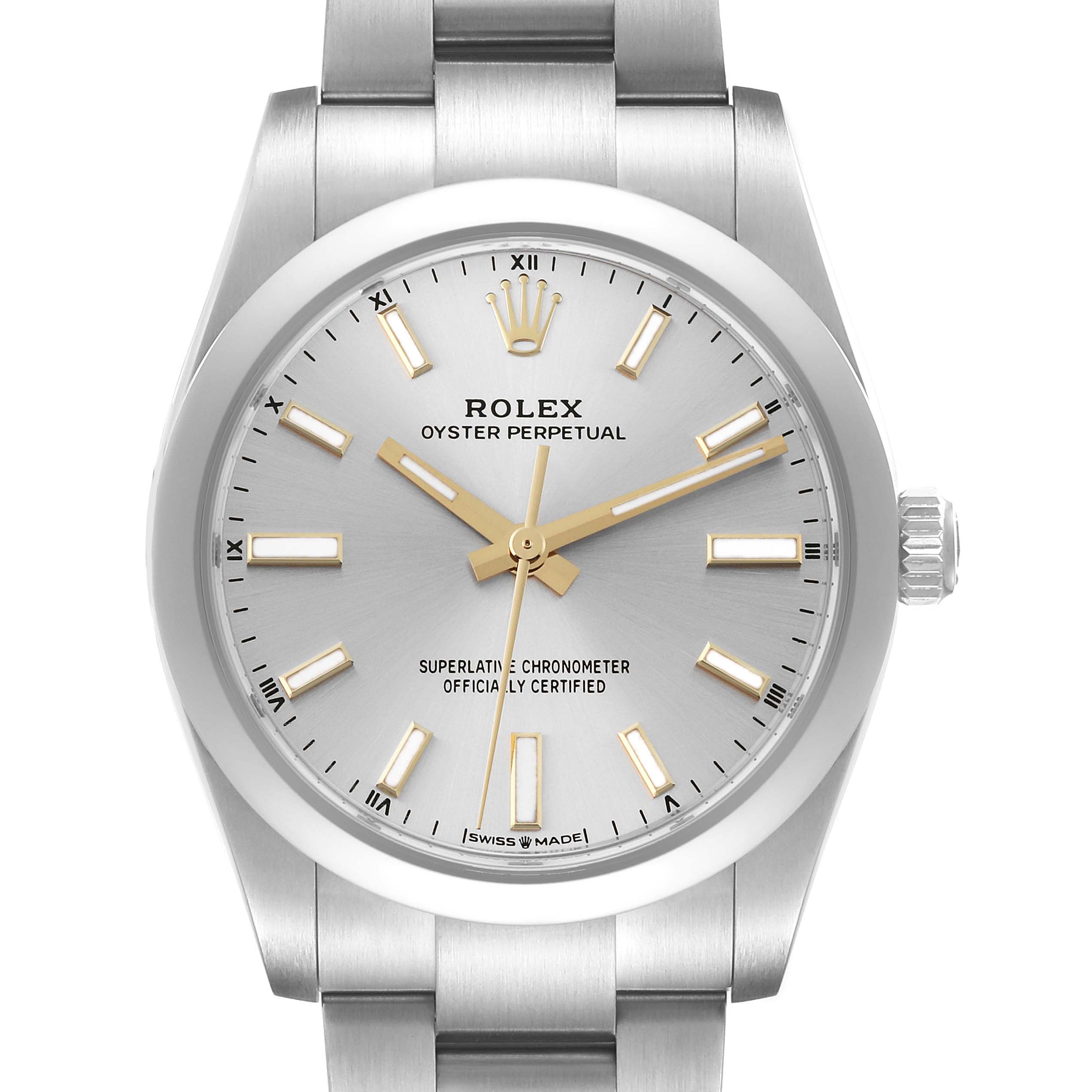 This image shows the front angle of a Rolex Oyster Perpetual 124200 Men's Stainless Steel Silver Dial 124200 Men's Stainless Steel Silver Dial watch, highlighting its face, crown, and band.