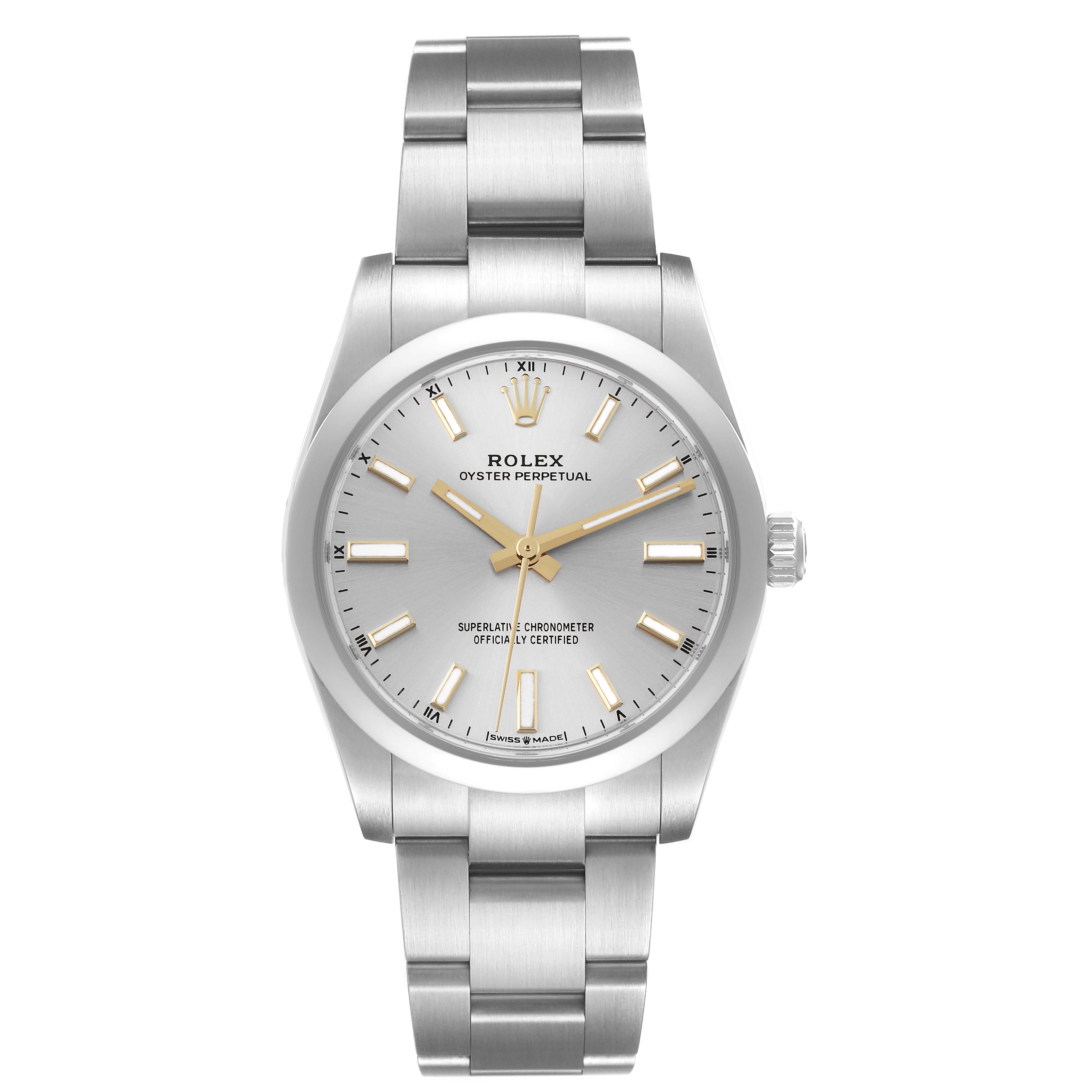 The image shows the face and entire bracelet of a Rolex Oyster Perpetual 124200 Men's Stainless Steel Silver Dial 124200 Men's Stainless Steel Silver Dial watch from a direct frontal angle.