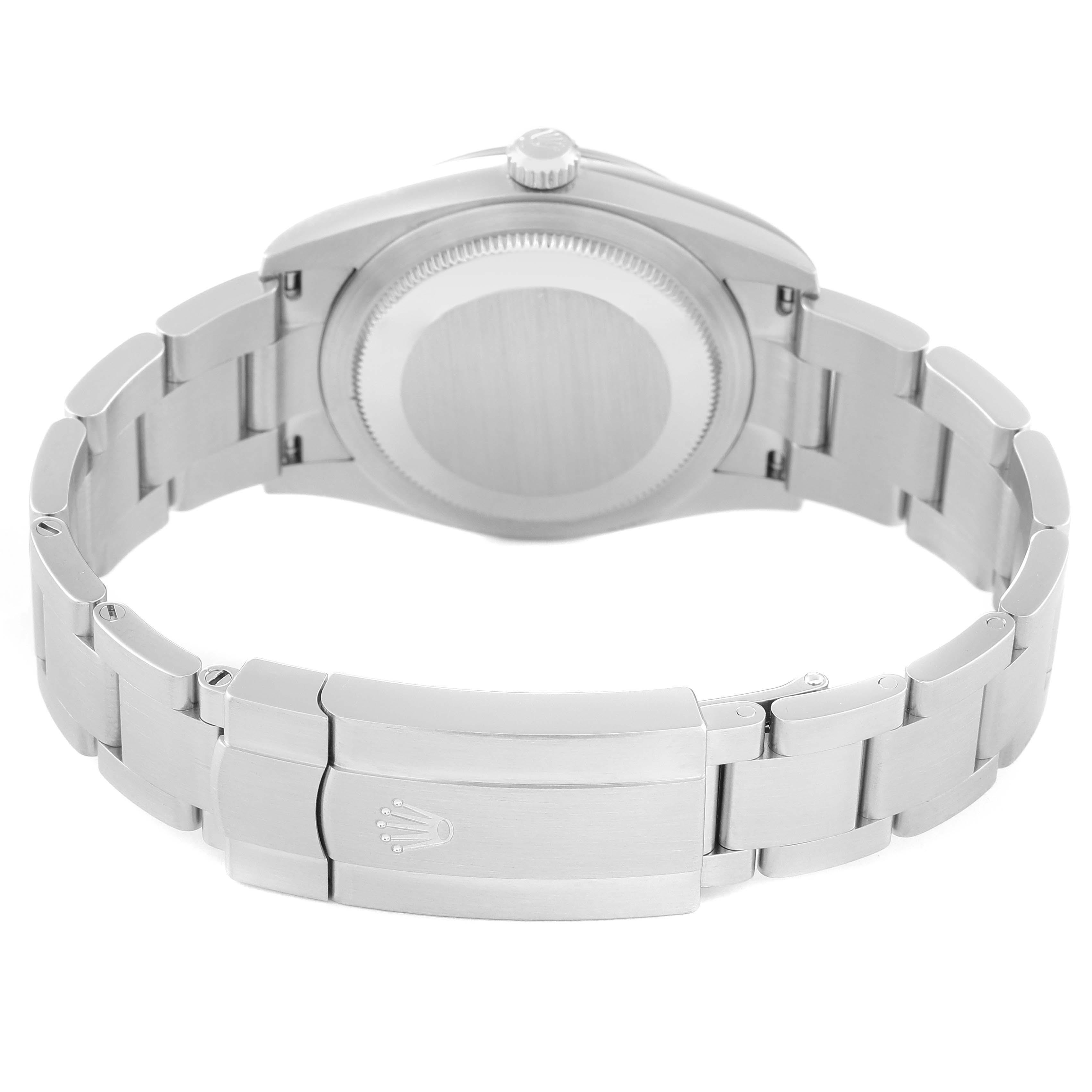 The image shows the back view of a Rolex Oyster Perpetual 124200 Men's Stainless Steel Silver Dial 124200 Men's Stainless Steel Silver Dial watch, highlighting the case back and the clasp on the metal bracelet.