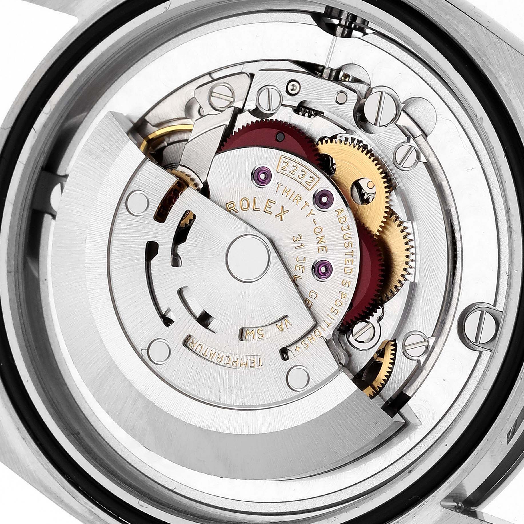 This image shows a close-up, top-down view of the internal mechanism of a Rolex Oyster Perpetual 124200 Men's Stainless Steel Silver Dial 124200 Men's Stainless Steel Silver Dial watch.