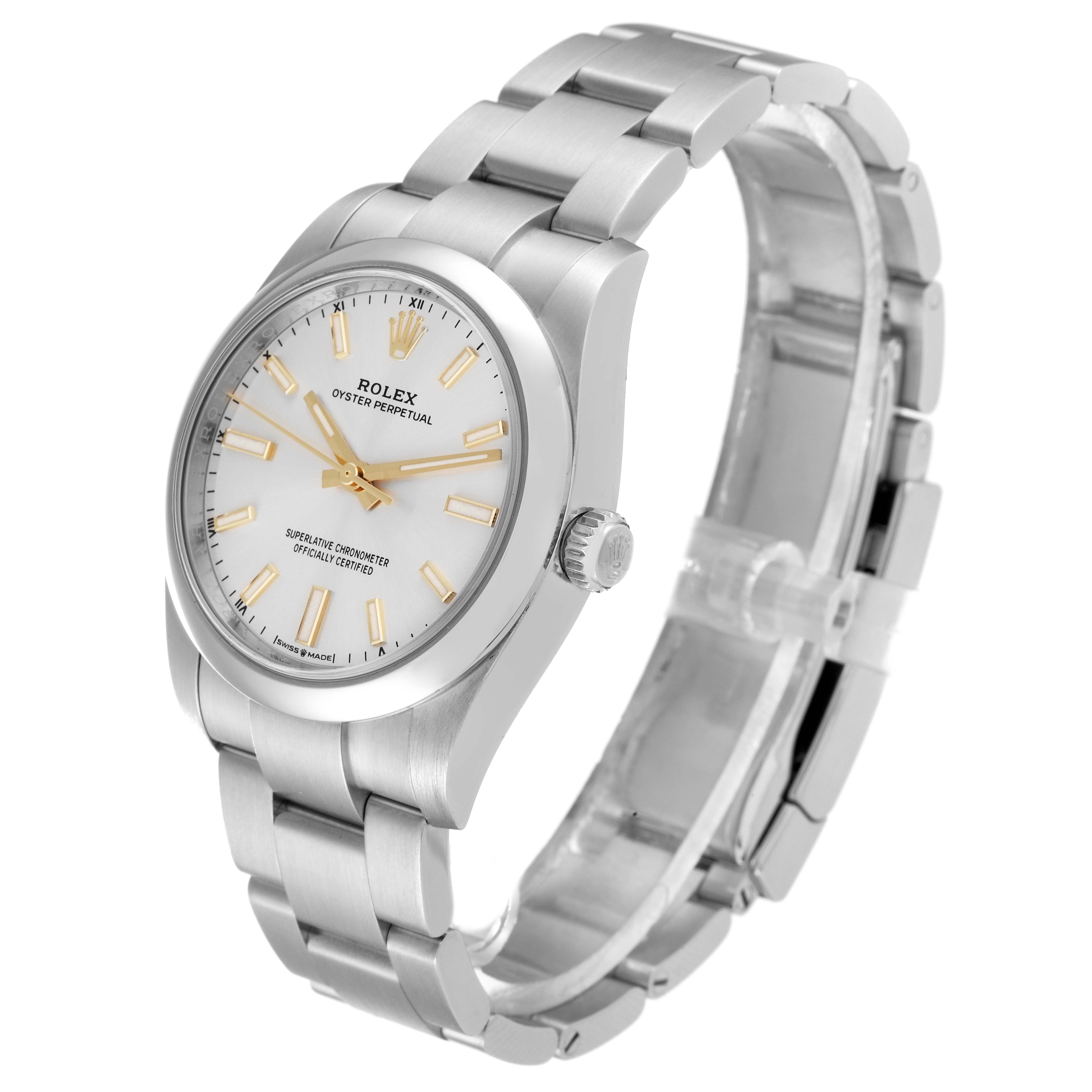 This image shows a Rolex Oyster Perpetual 124200 Men's Stainless Steel Silver Dial 124200 Men's Stainless Steel Silver Dial watch at a three-quarter angle, highlighting the face, crown, and bracelet.