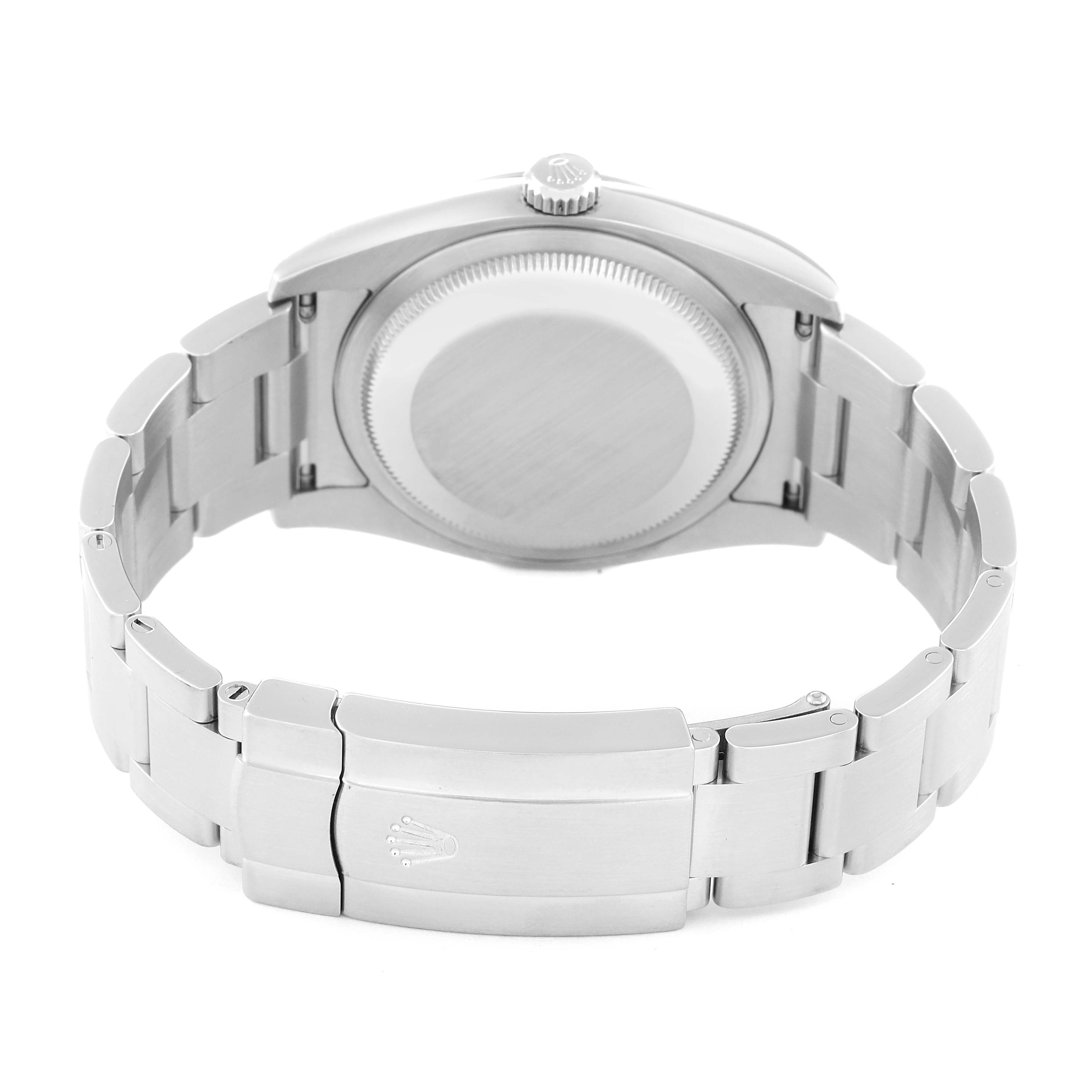 The image shows the back side of a Rolex Oyster Perpetual 116000 Men
s Stainless Steel Black Dial 116000 Men
s Stainless Steel Black Dial watch, highlighting the case back and metal bracelet with clasp.