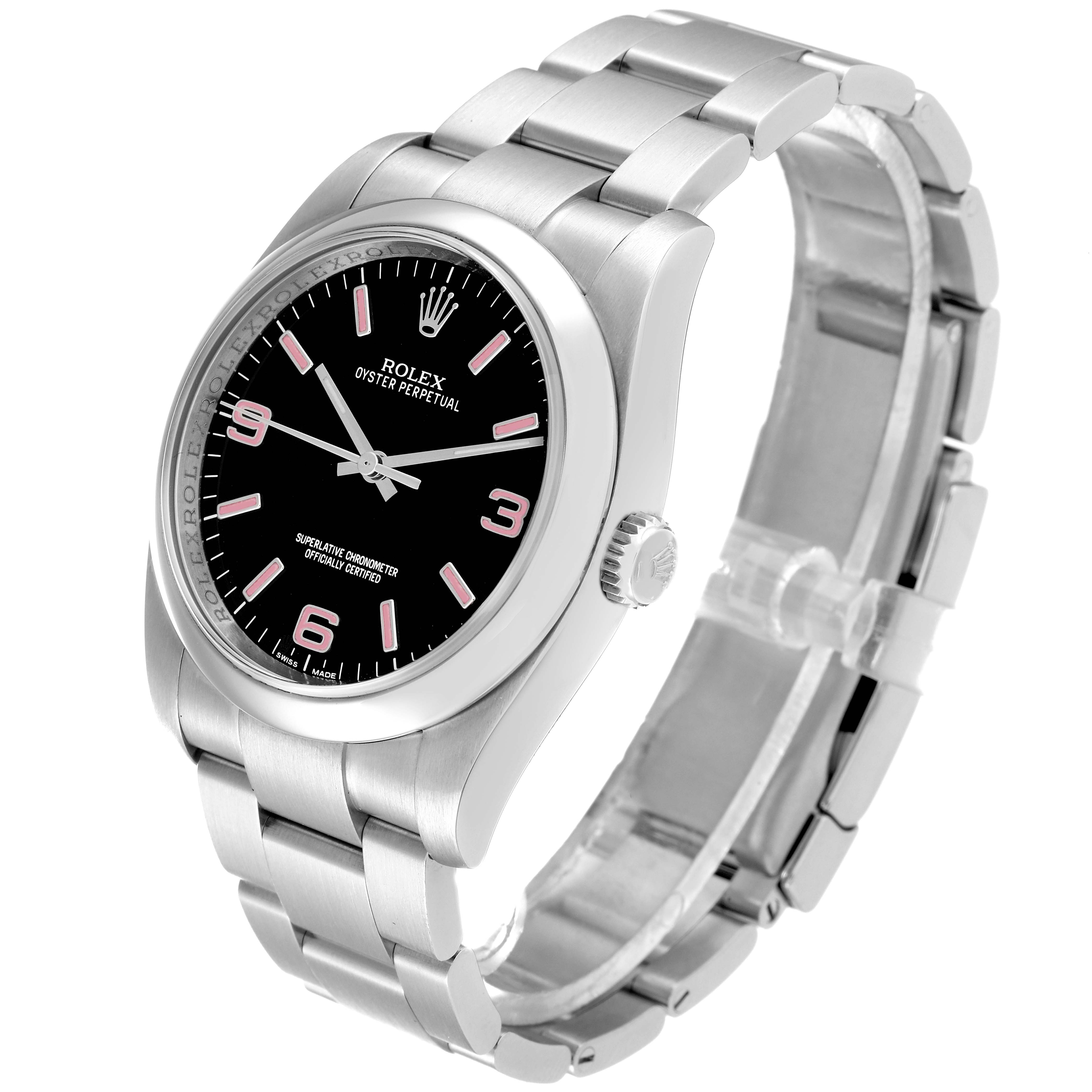 The image shows a side angle of a Rolex Oyster Perpetual 116000 Men
s Stainless Steel Black Dial 116000 Men
s Stainless Steel Black Dial watch, highlighting the bracelet and crown.