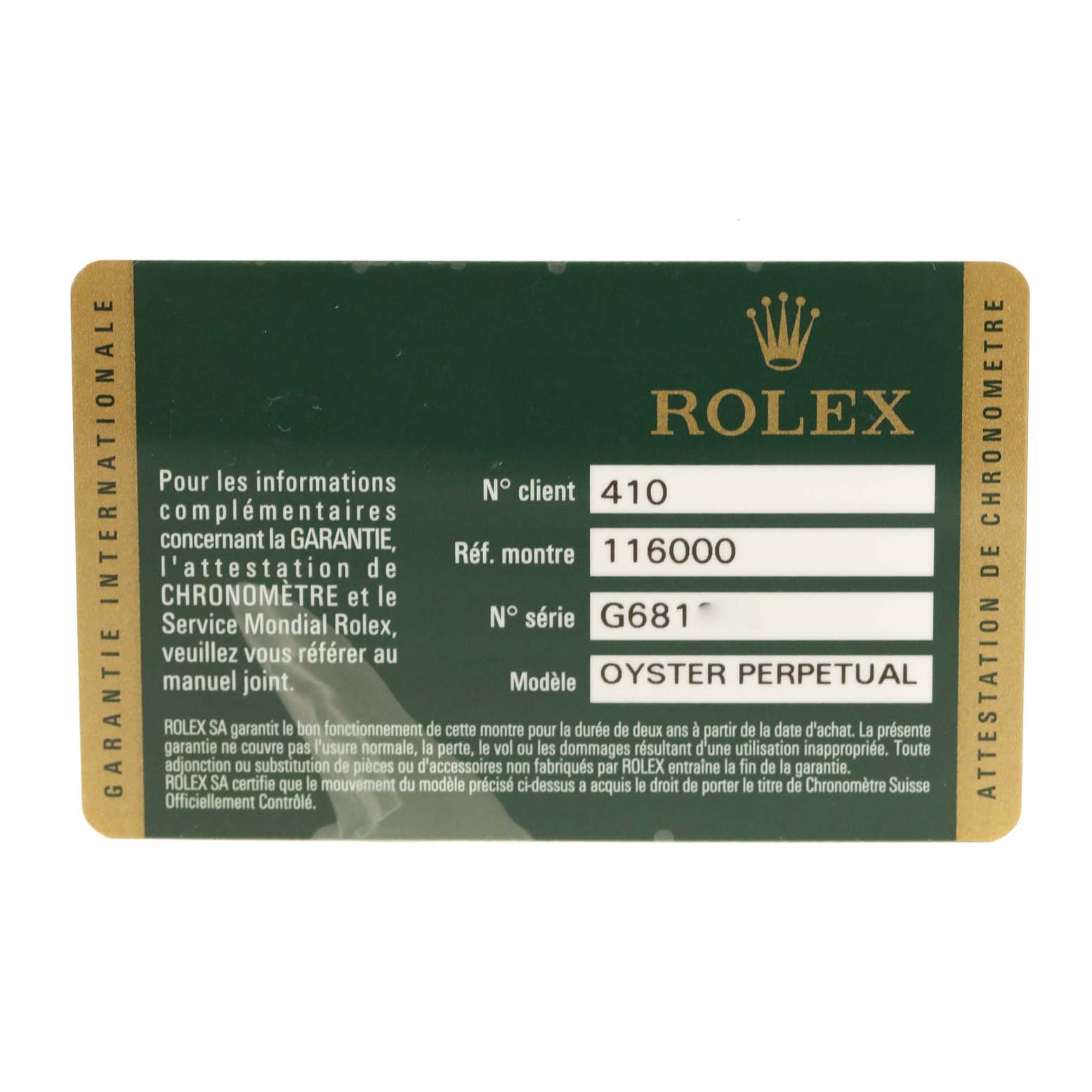 This image shows the warranty card for a Rolex Oyster Perpetual 116000 Men
s Stainless Steel Black Dial 116000 Men
s Stainless Steel Black Dial model watch.