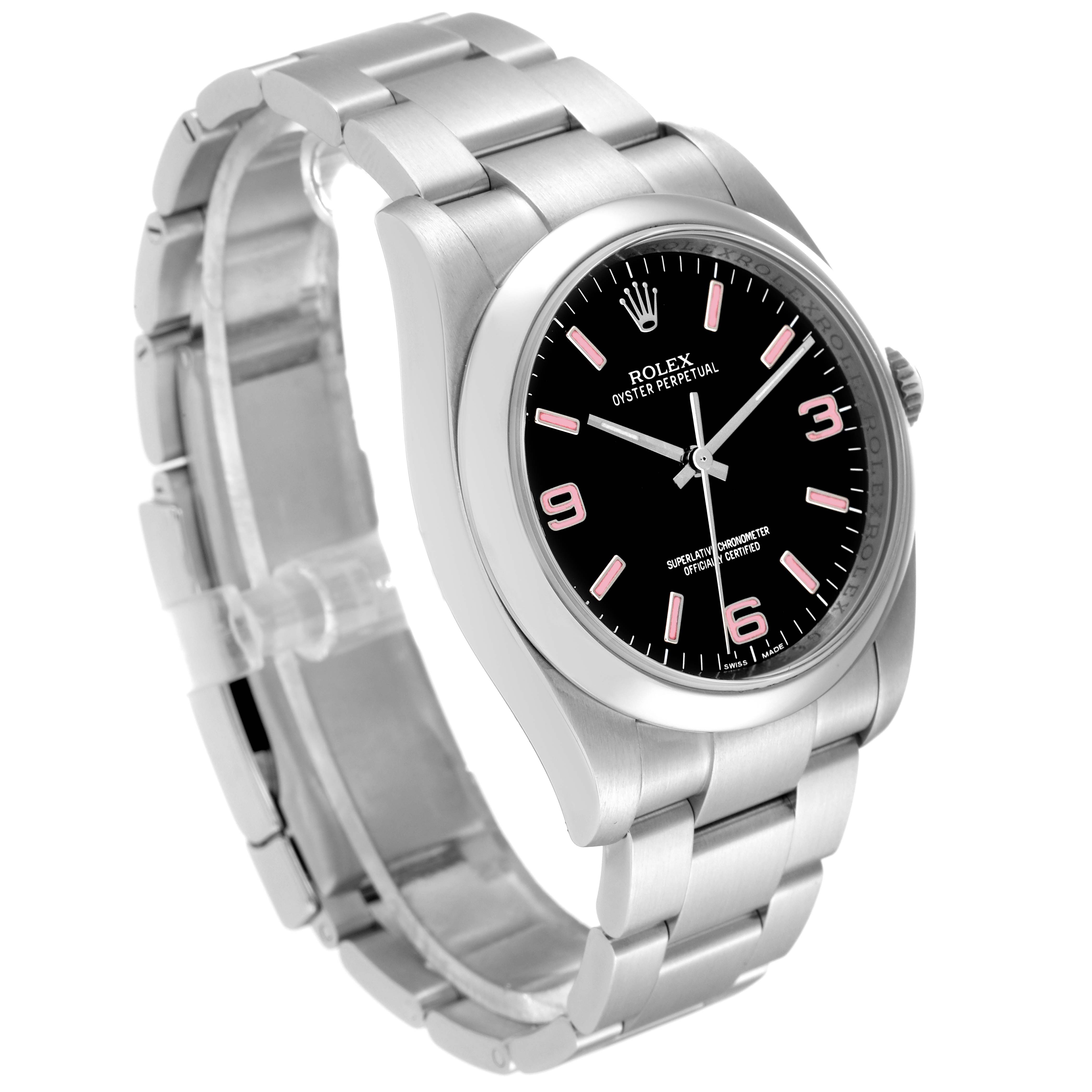 The Rolex Oyster Perpetual 116000 Men
s Stainless Steel Black Dial 116000 Men
s Stainless Steel Black Dial watch is shown at a slight angle, displaying its face, bezel, and bracelet.