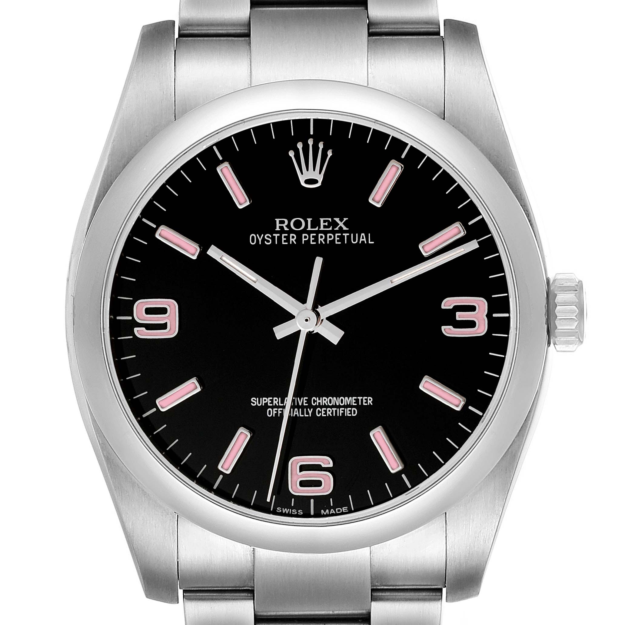 Rolex Oyster Perpetual 36 Pink Baton Black Dial Steel Mens Watch