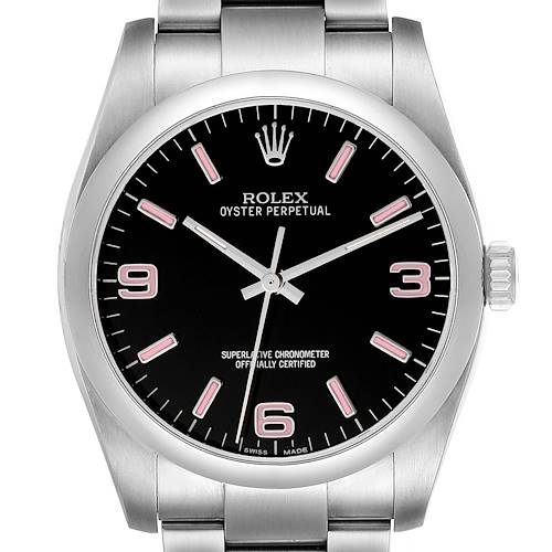 Photo of Rolex Oyster Perpetual 36 Pink Baton Black Dial Steel Mens Watch 116000 Box Card