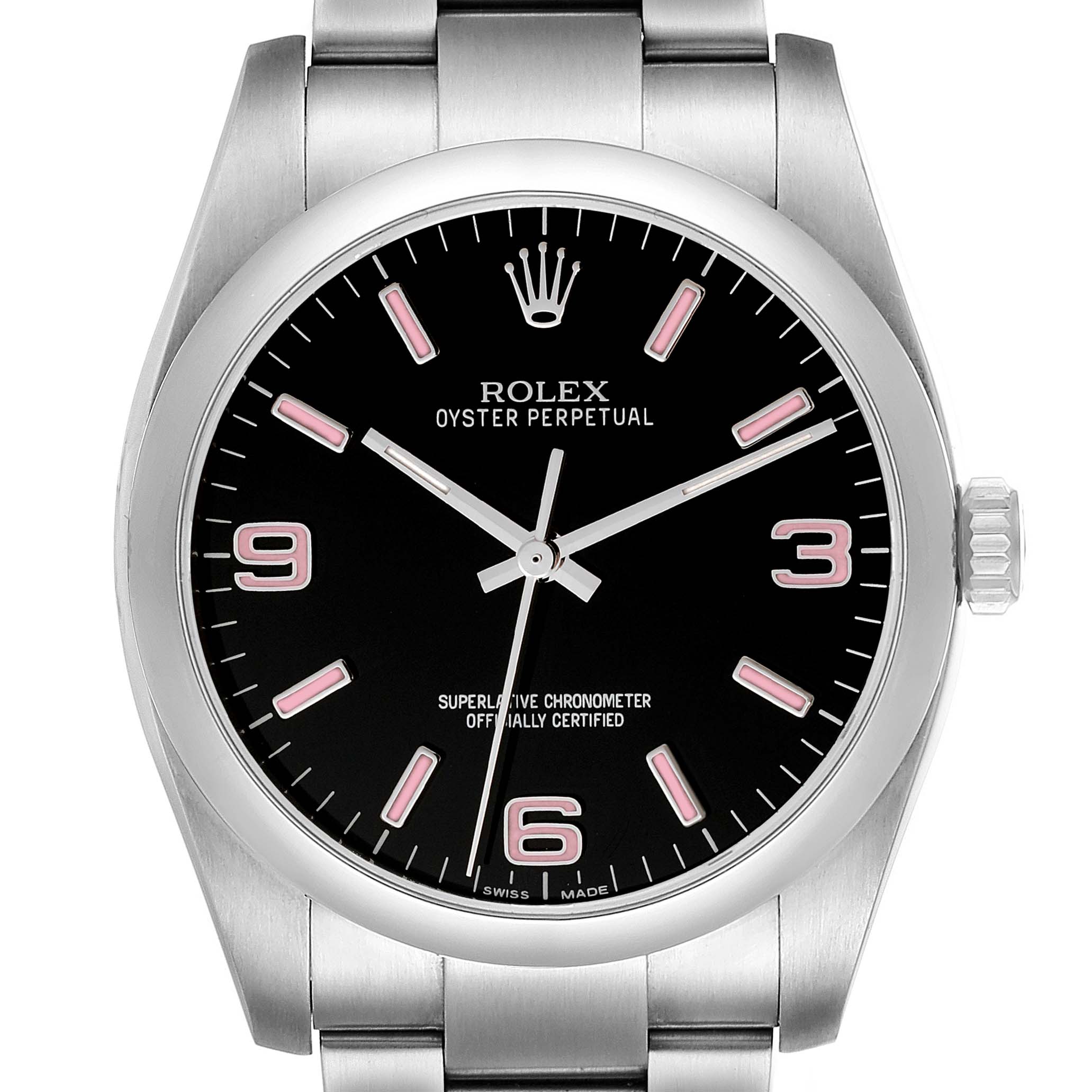 The image shows a front view of a Rolex Oyster Perpetual 116000 Men
s Stainless Steel Black Dial 116000 Men
s Stainless Steel Black Dial watch, displaying the dial, hands, crown, and part of the bracelet.