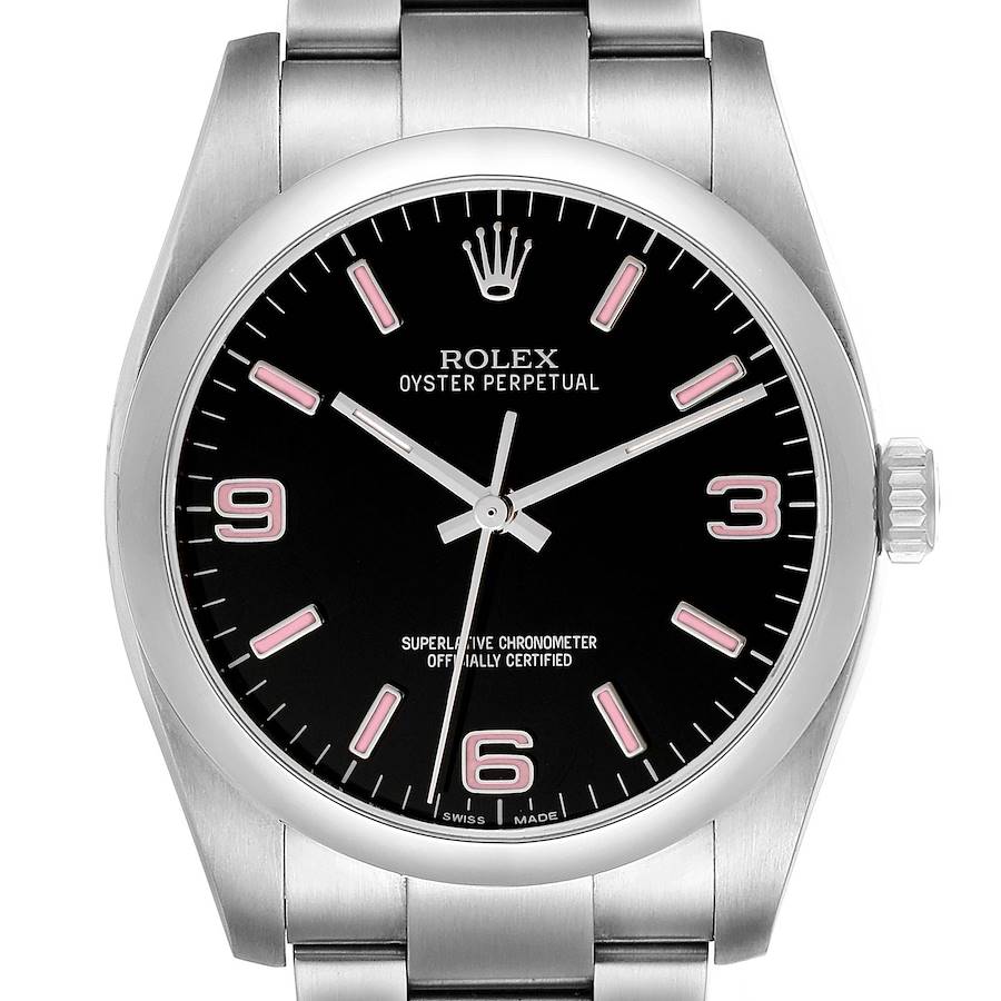 Rolex Oyster Perpetual 36 Pink Baton Black Dial Steel Mens Watch 116000 Box Card SwissWatchExpo