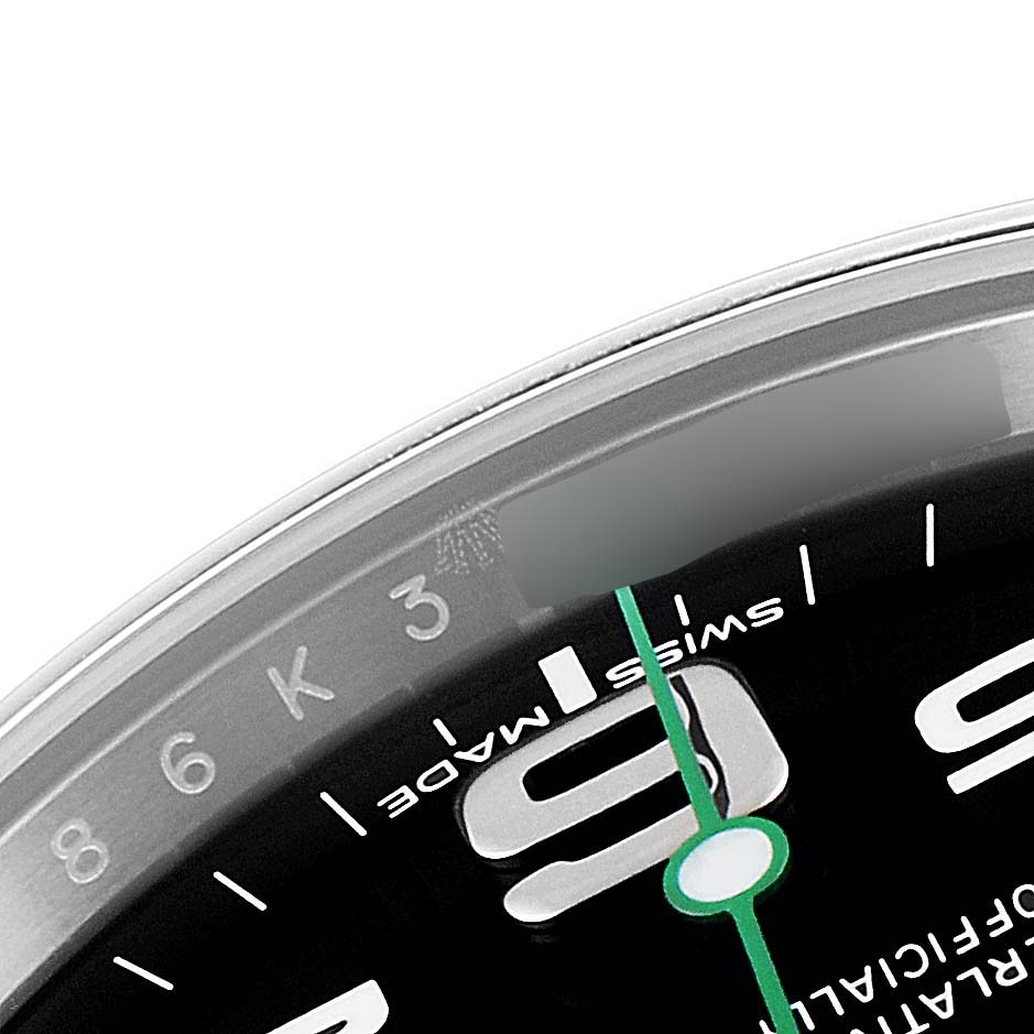 The image shows a close-up of the dial and part of the bezel of a Rolex Air-King 116900 Men's Stainless Steel Black Dial 116900 Men's Stainless Steel Black Dial watch.