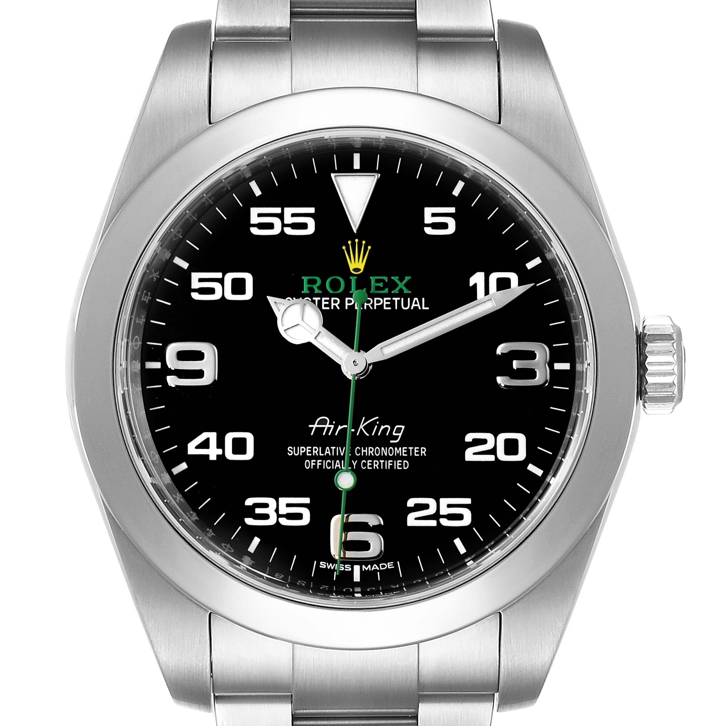 The Rolex Air-King 116900 Men's Stainless Steel Black Dial 116900 Men's Stainless Steel Black Dial watch is shown from a front angle, displaying its black dial, silver numerals, and stainless steel bracelet.