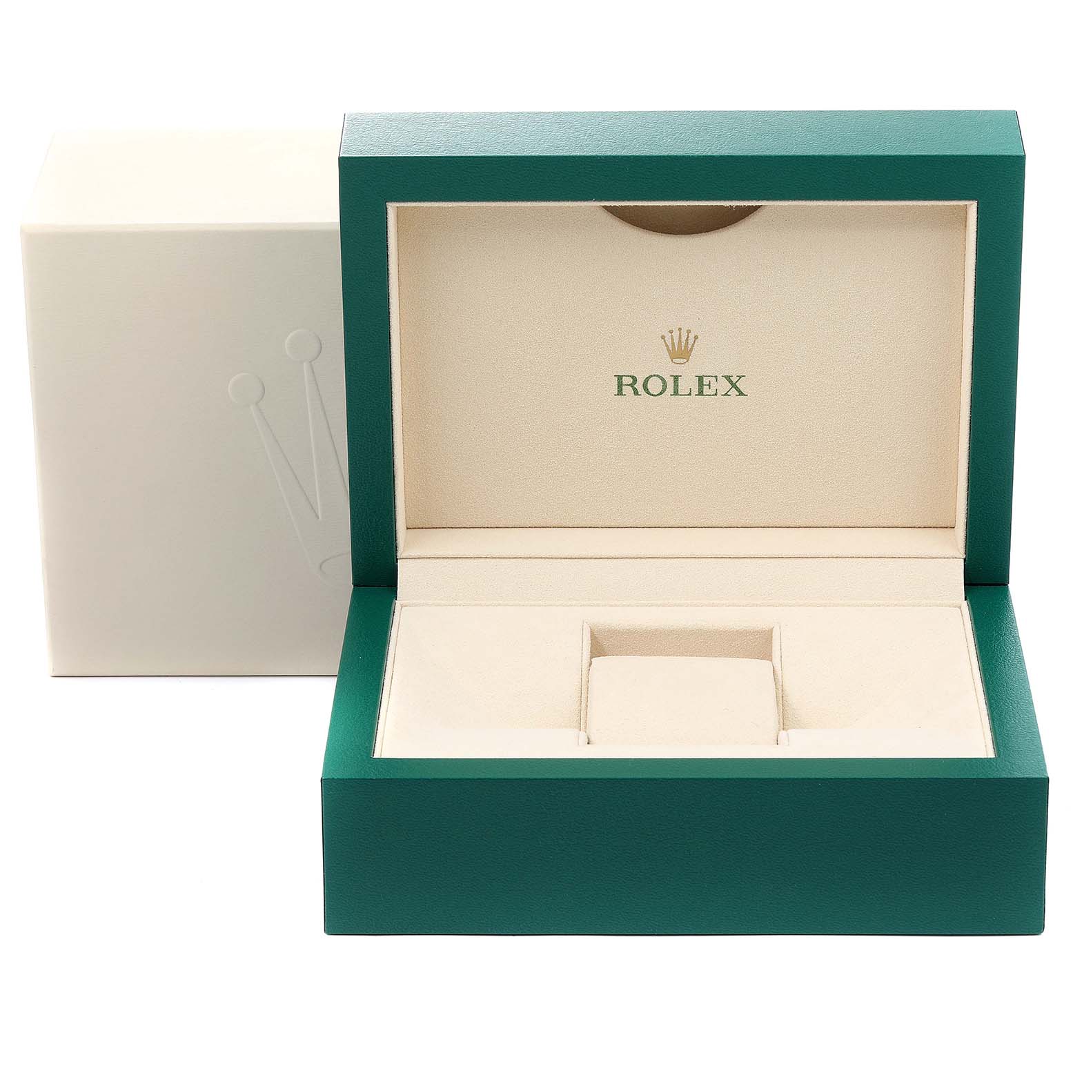 The image shows an open Rolex Air-King 116900 Men's Stainless Steel Black Dial 116900 Men's Stainless Steel Black Dial watch box with a green exterior and beige interior.