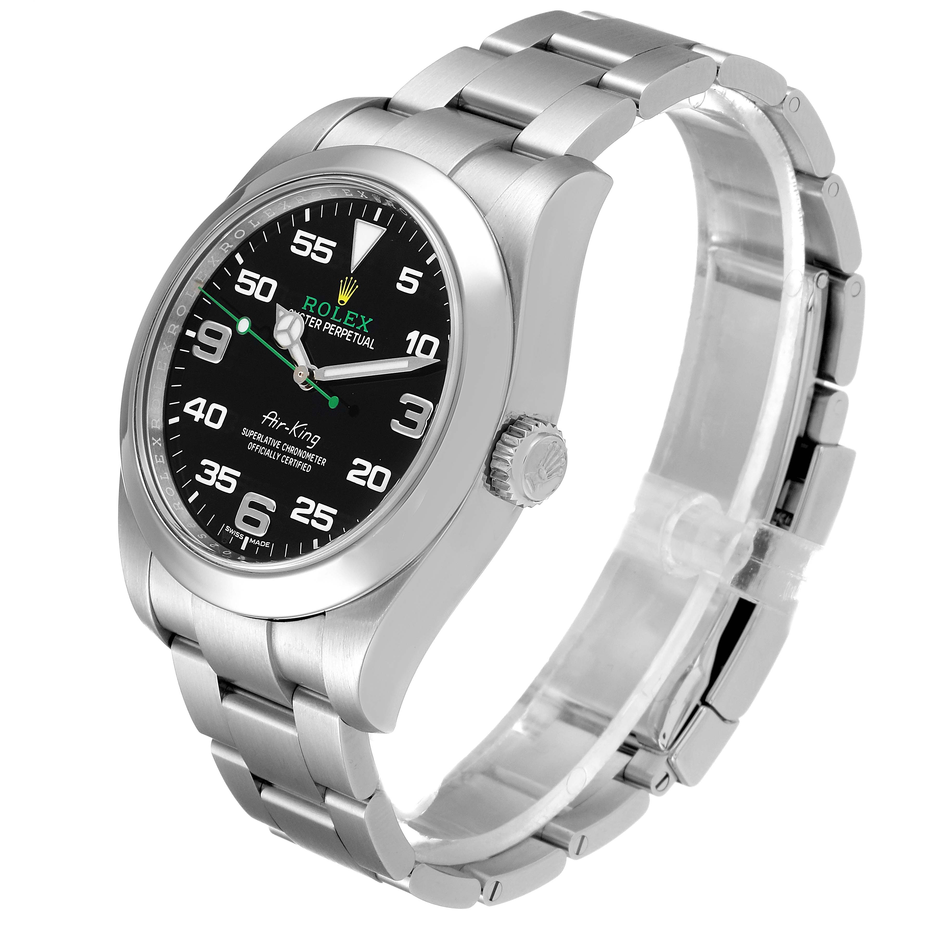 The image shows a Rolex Air-King 116900 Men's Stainless Steel Black Dial 116900 Men's Stainless Steel Black Dial watch at a three-quarter angle, highlighting the face, bezel, crown, and stainless steel bracelet.