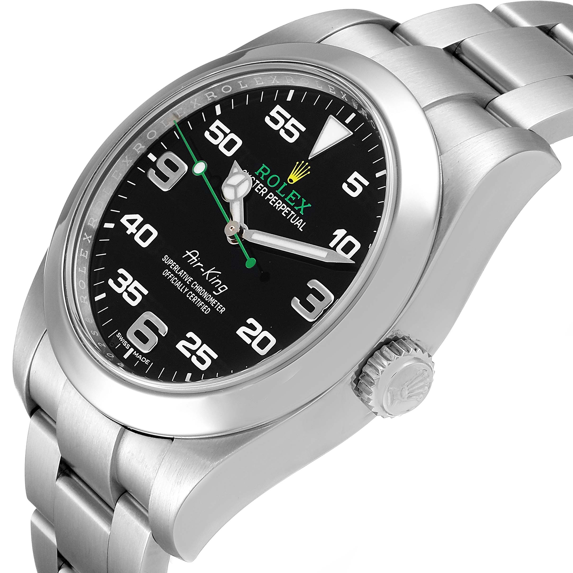 The Rolex Air-King 116900 Men's Stainless Steel Black Dial 116900 Men's Stainless Steel Black Dial watch is shown at an angle focusing on the dial, case, crown, and partially the bracelet.