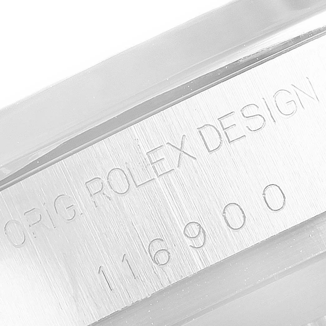 The close-up image shows the engraved model number and "Rolex Design" text on the side of the case of a Rolex Air-King 116900 Men's Stainless Steel Black Dial 116900 Men's Stainless Steel Black Dial watch.